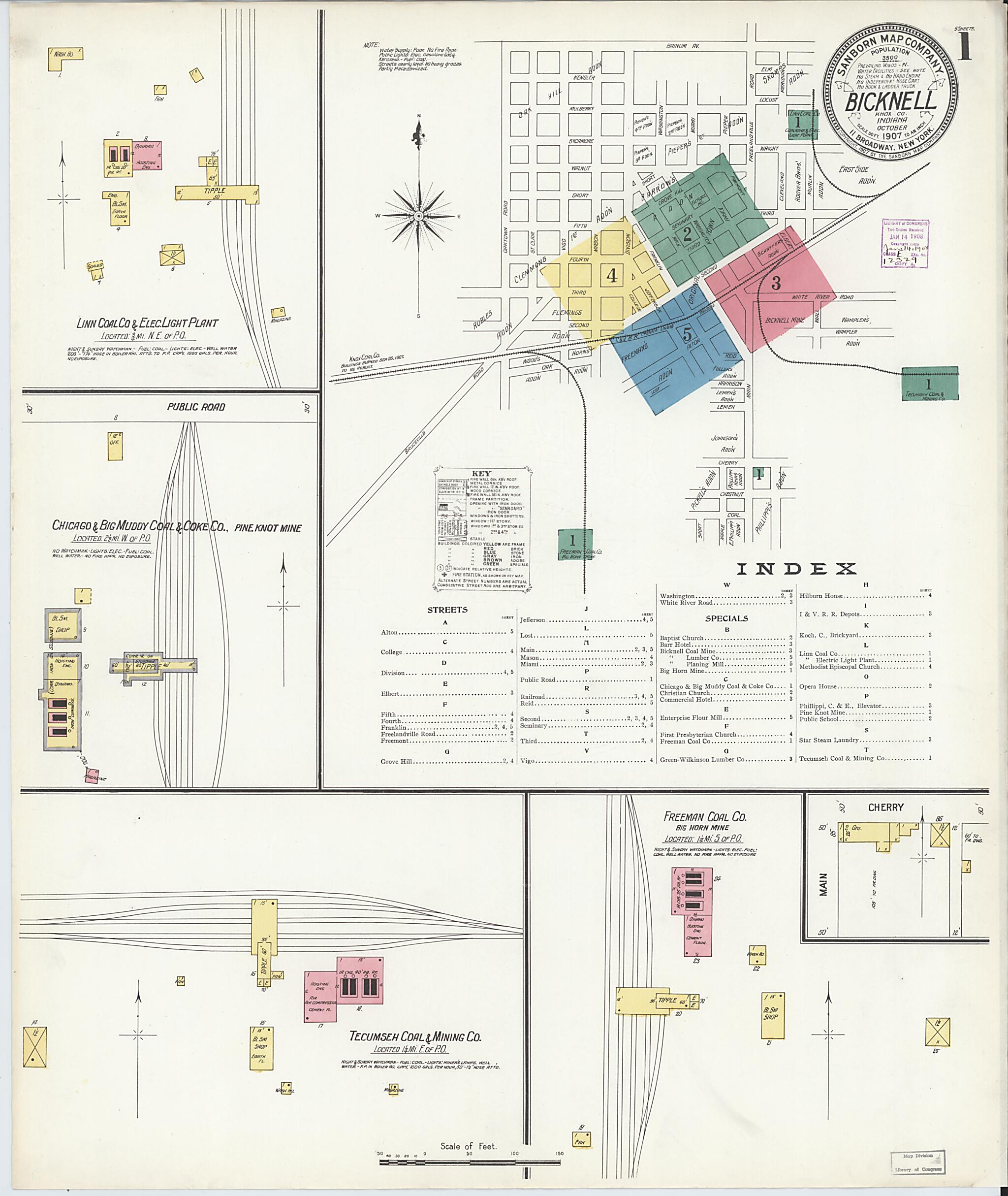 This old map of Bicknell, Knox County, Indiana was created by Sanborn Map Company in 1907