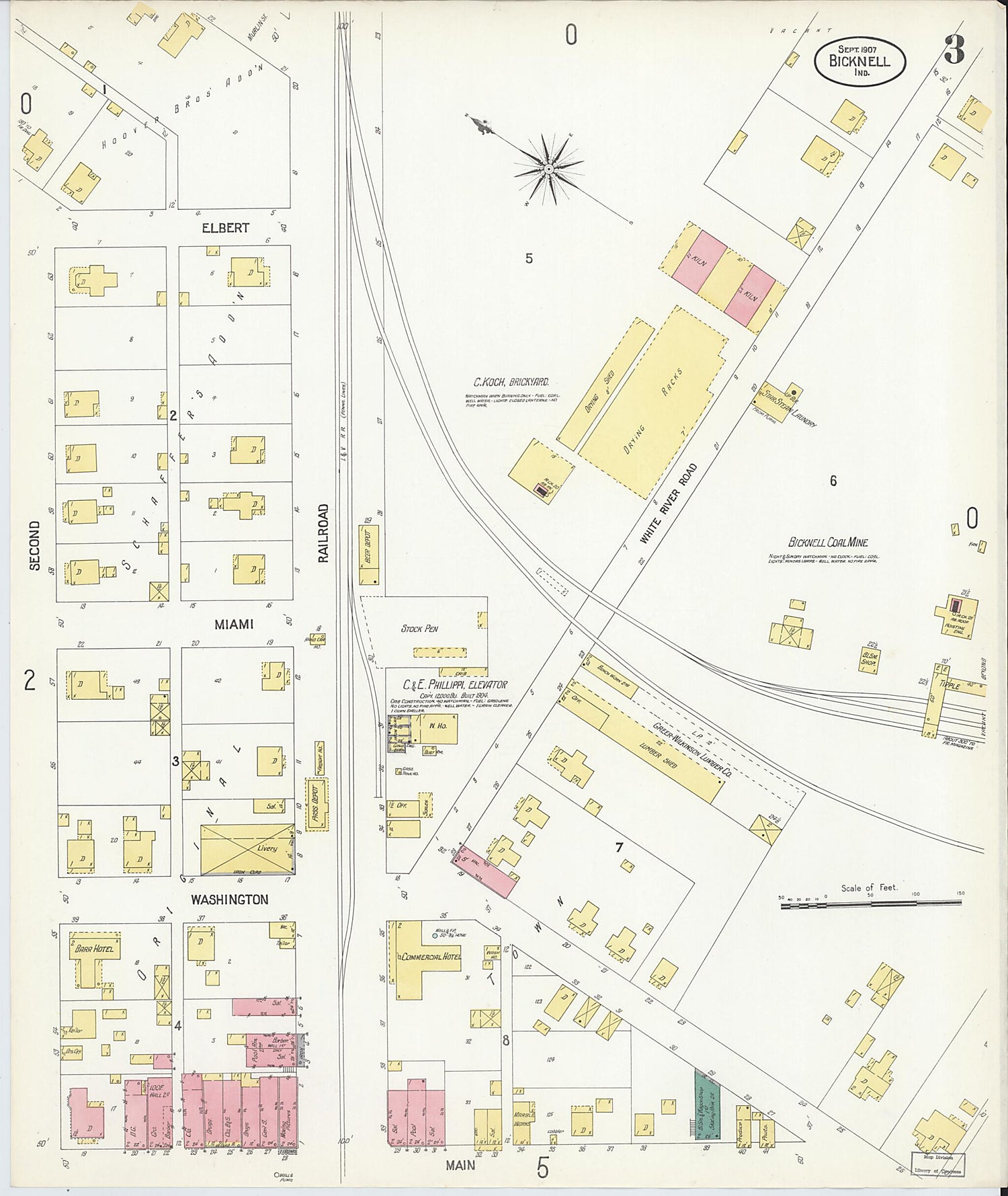 This old map of Bicknell, Knox County, Indiana was created by Sanborn Map Company in 1907