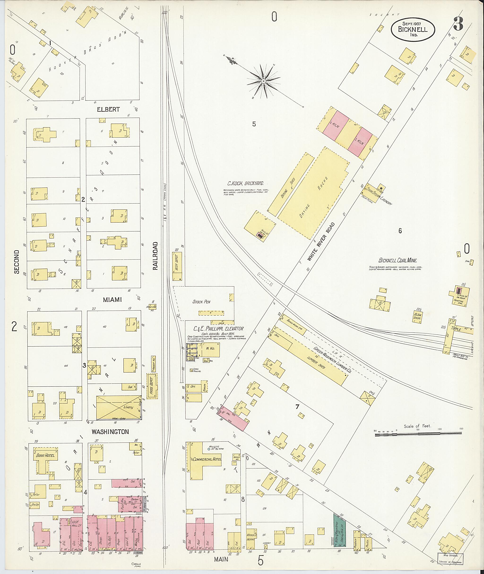 This old map of Bicknell, Knox County, Indiana was created by Sanborn Map Company in 1907