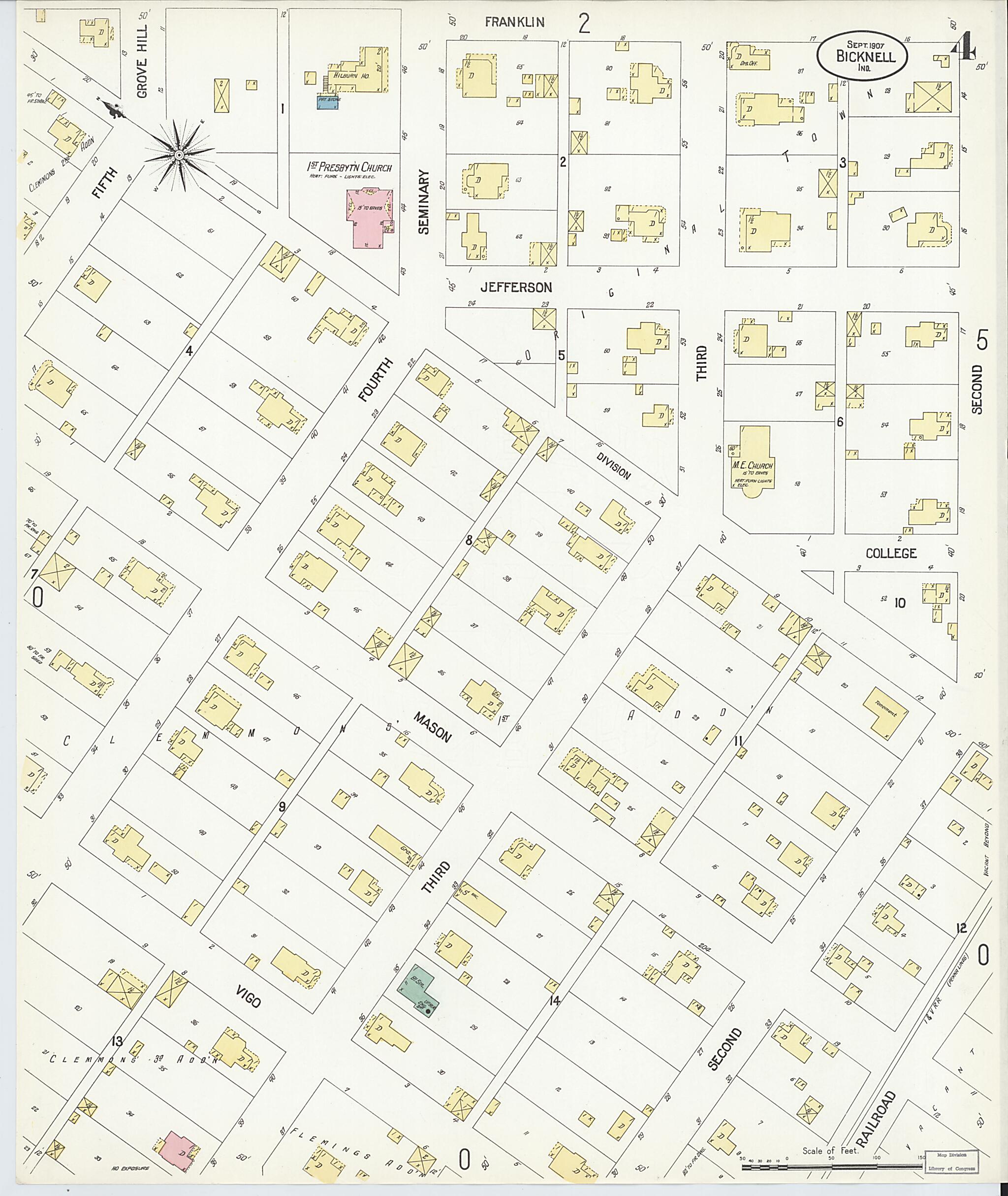 This old map of Bicknell, Knox County, Indiana was created by Sanborn Map Company in 1907