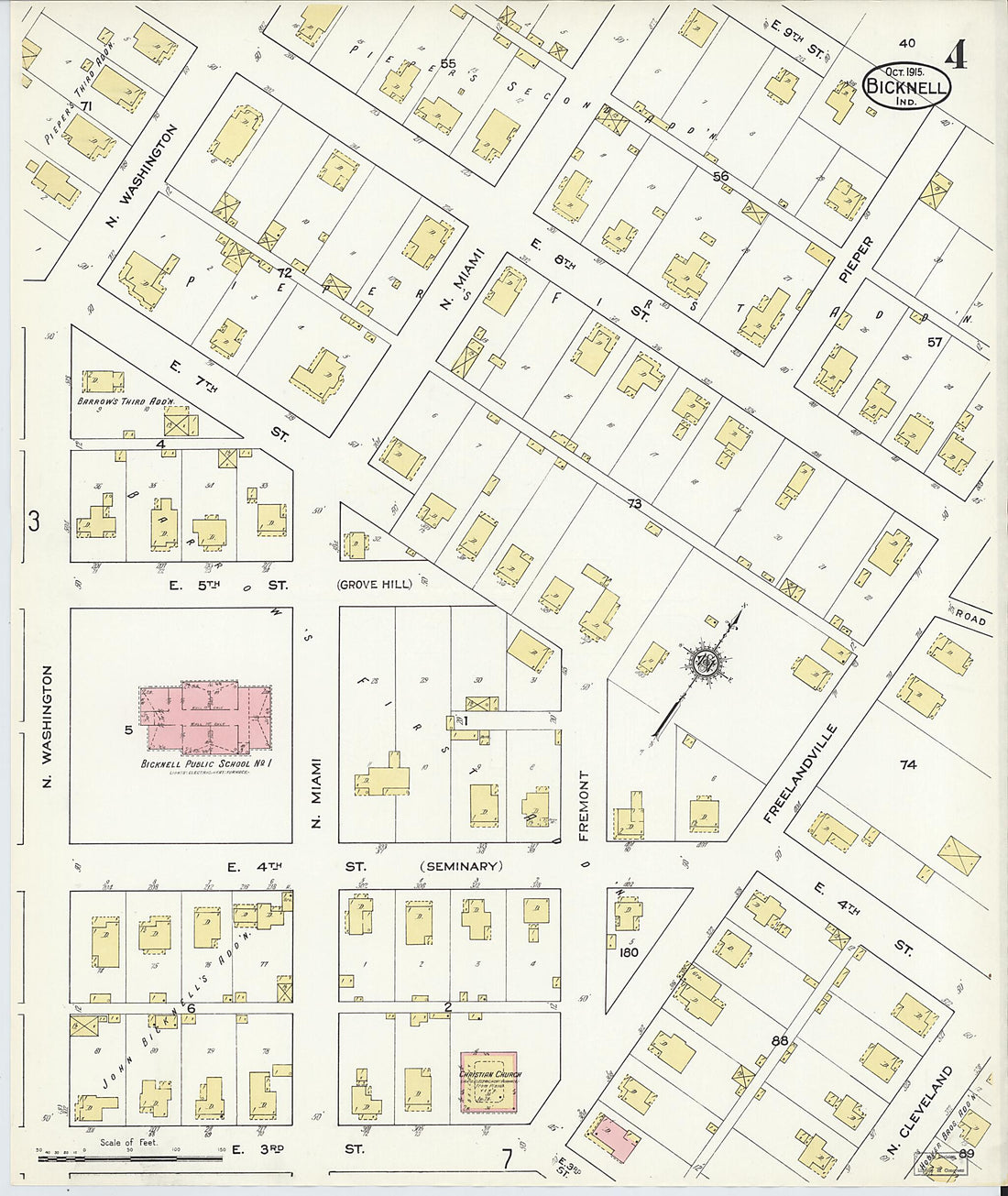 This old map of Bicknell, Knox County, Indiana was created by Sanborn Map Company in 1915