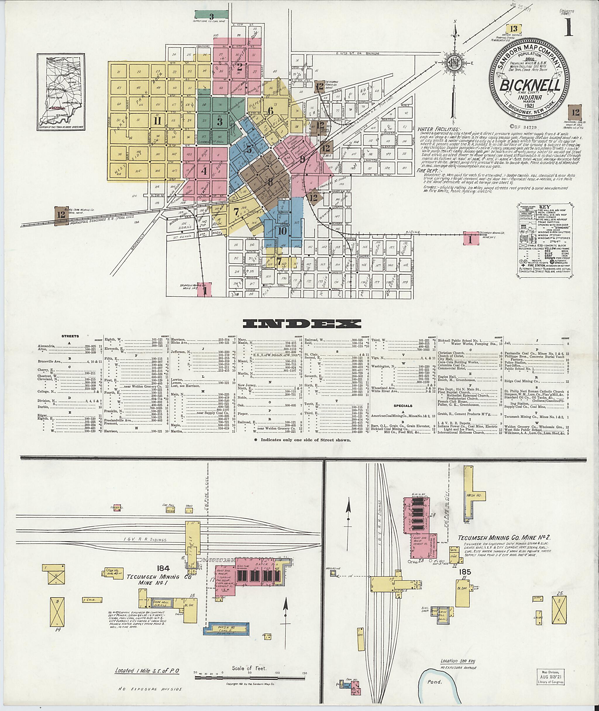 This old map of Bicknell, Knox County, Indiana was created by Sanborn Map Company in 1921