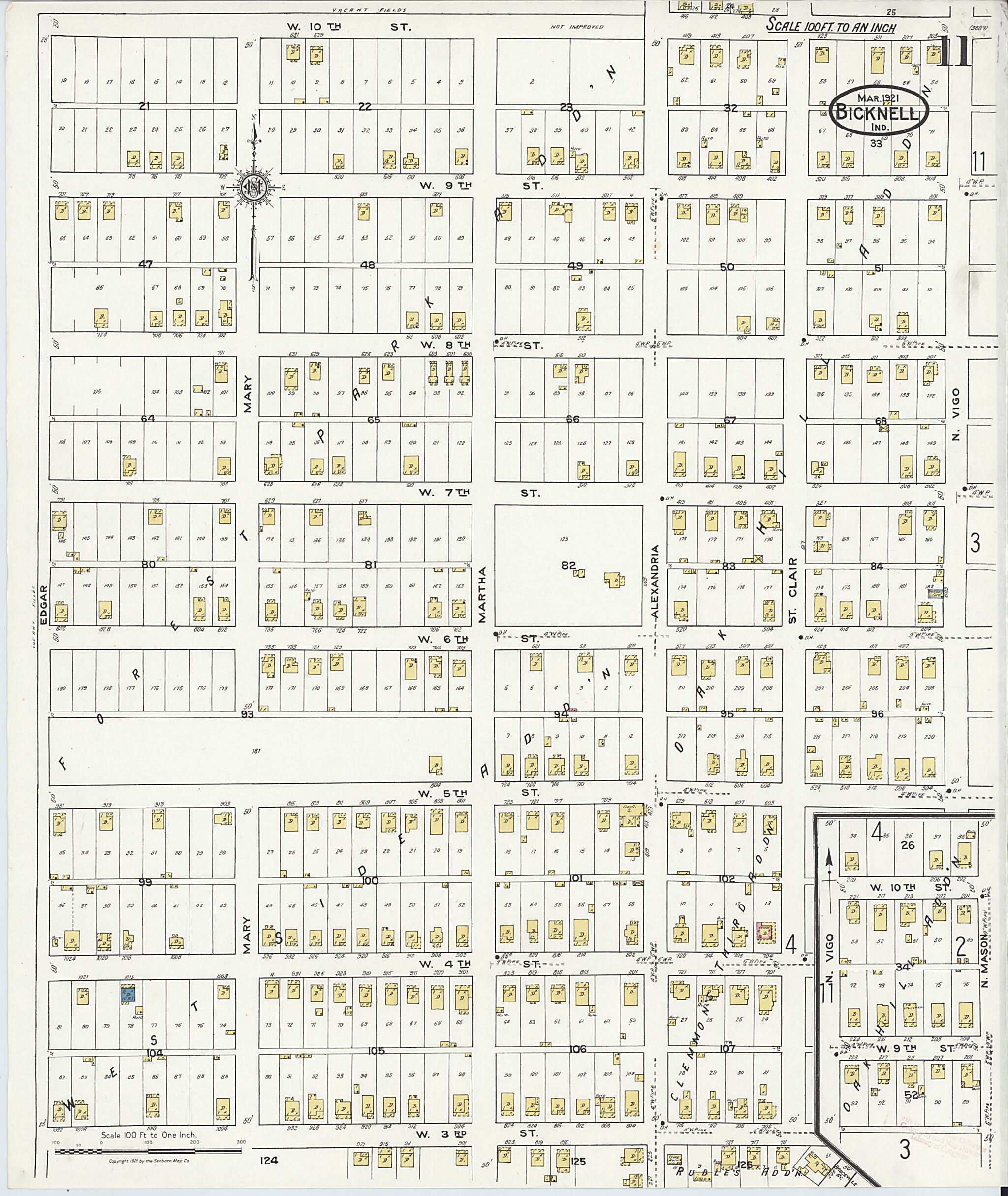 This old map of Bicknell, Knox County, Indiana was created by Sanborn Map Company in 1921