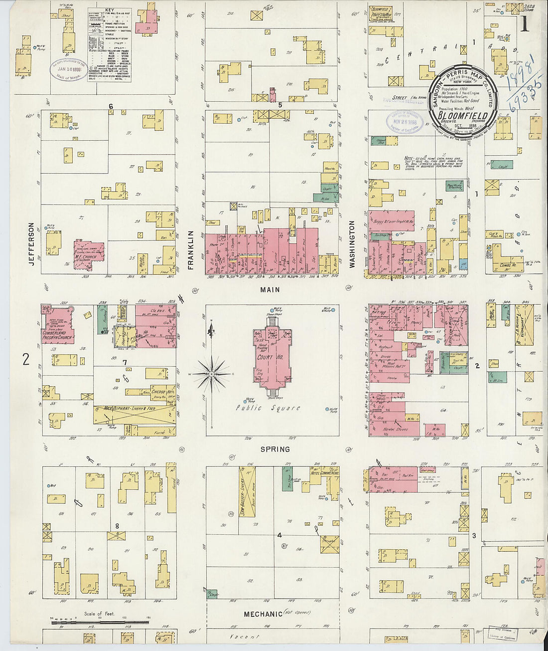 This old map of Bloomfield, Greene County, Indiana was created by Sanborn Map Company in 1898