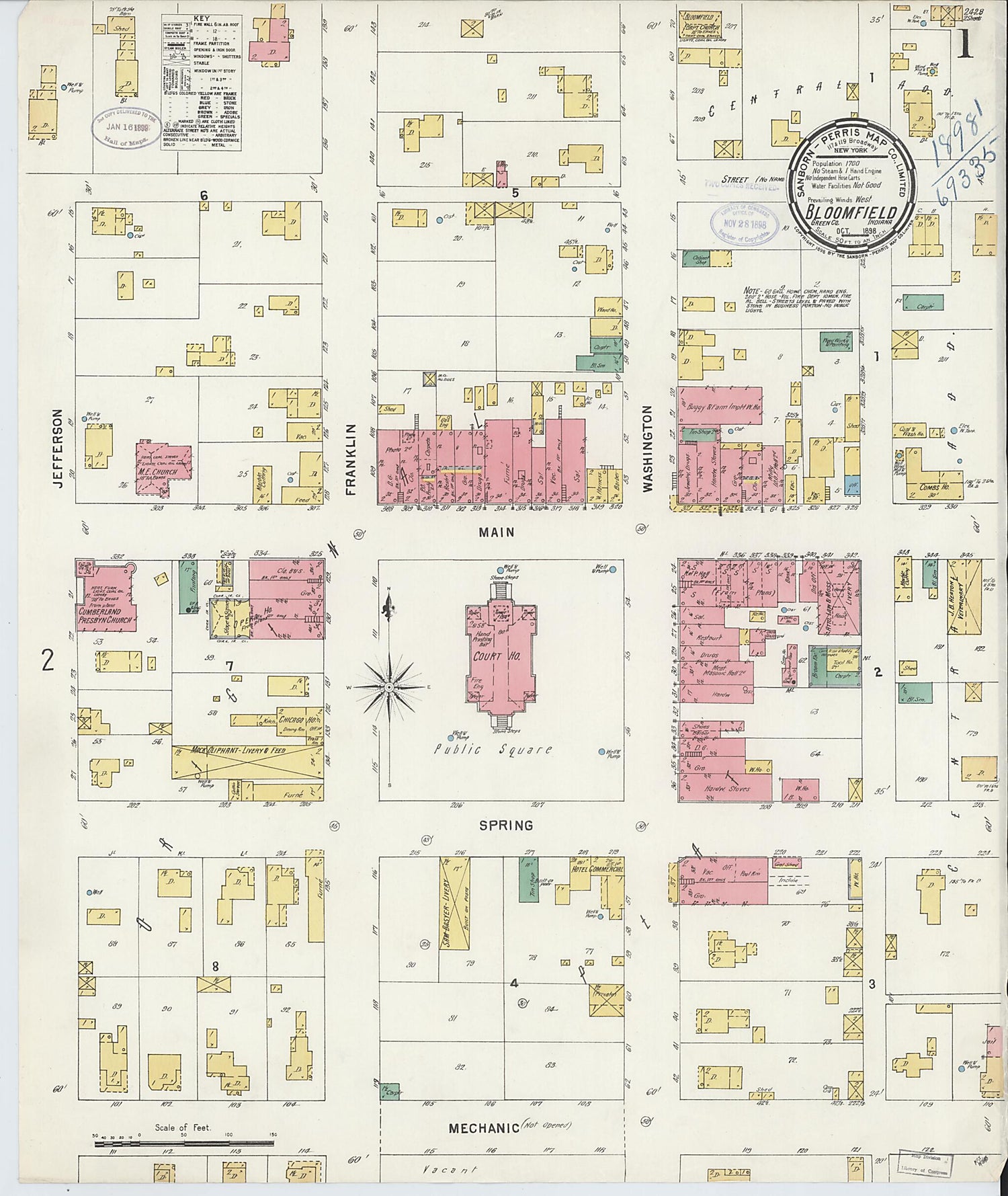 This old map of Bloomfield, Greene County, Indiana was created by Sanborn Map Company in 1898