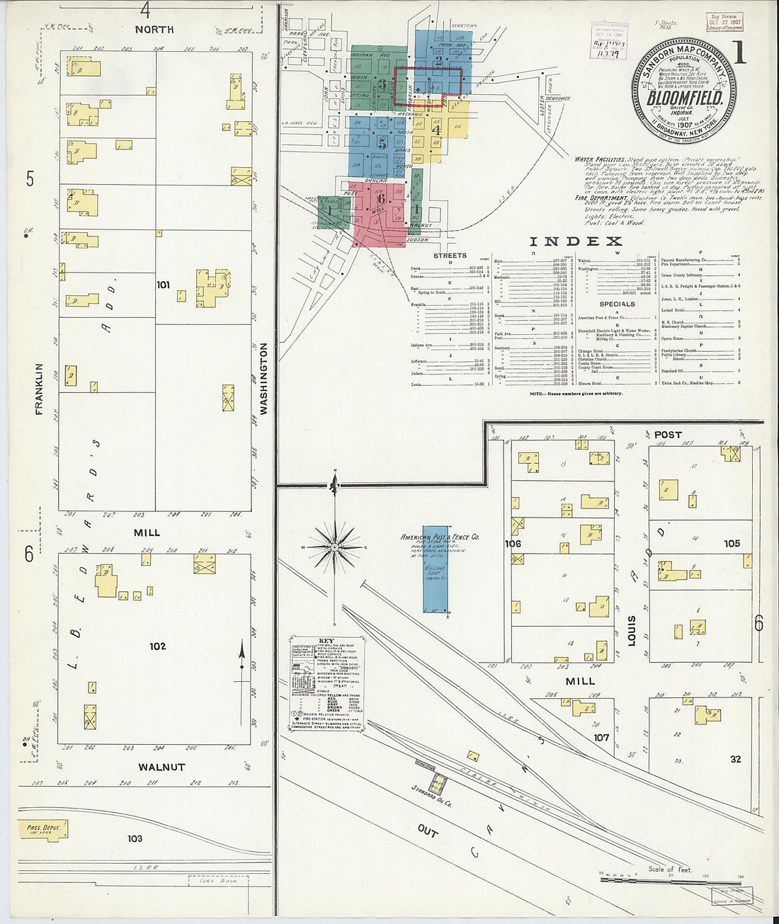 This old map of Bloomfield, Greene County, Indiana was created by Sanborn Map Company in 1907