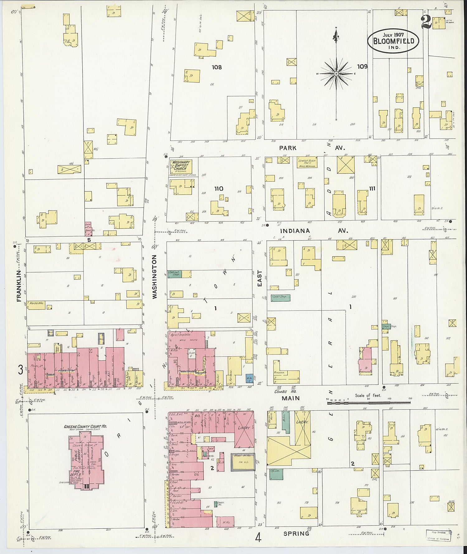 This old map of Bloomfield, Greene County, Indiana was created by Sanborn Map Company in 1907