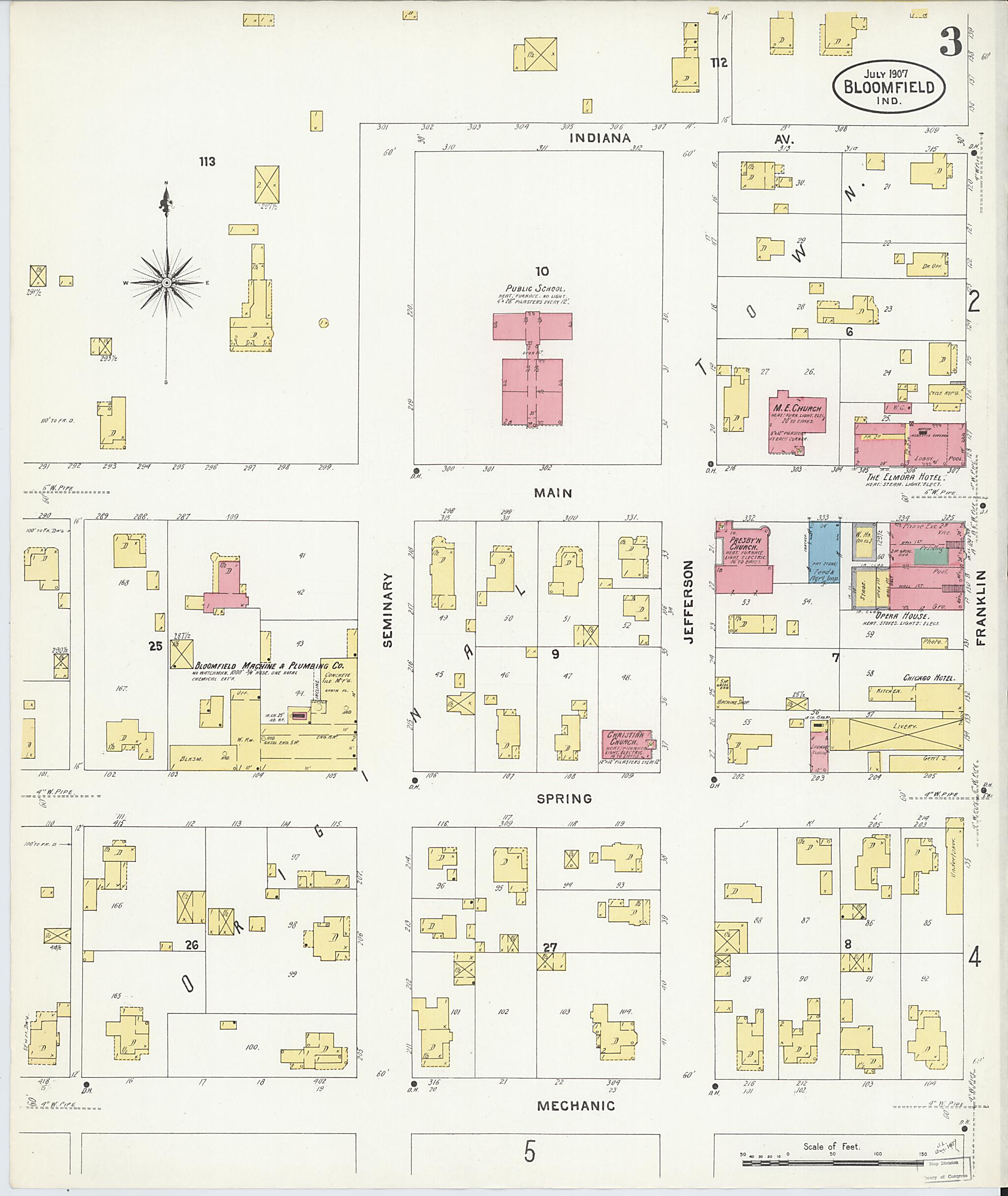 This old map of Bloomfield, Greene County, Indiana was created by Sanborn Map Company in 1907