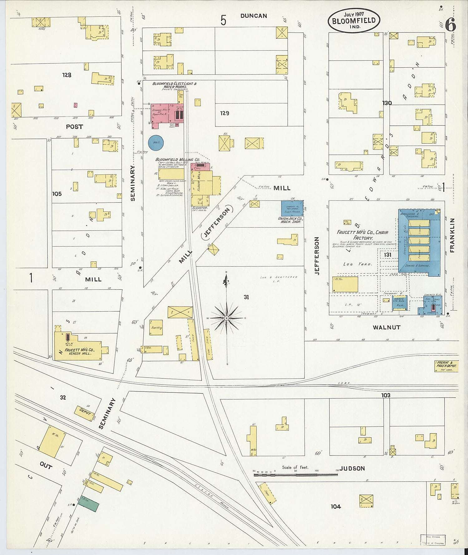 This old map of Bloomfield, Greene County, Indiana was created by Sanborn Map Company in 1907