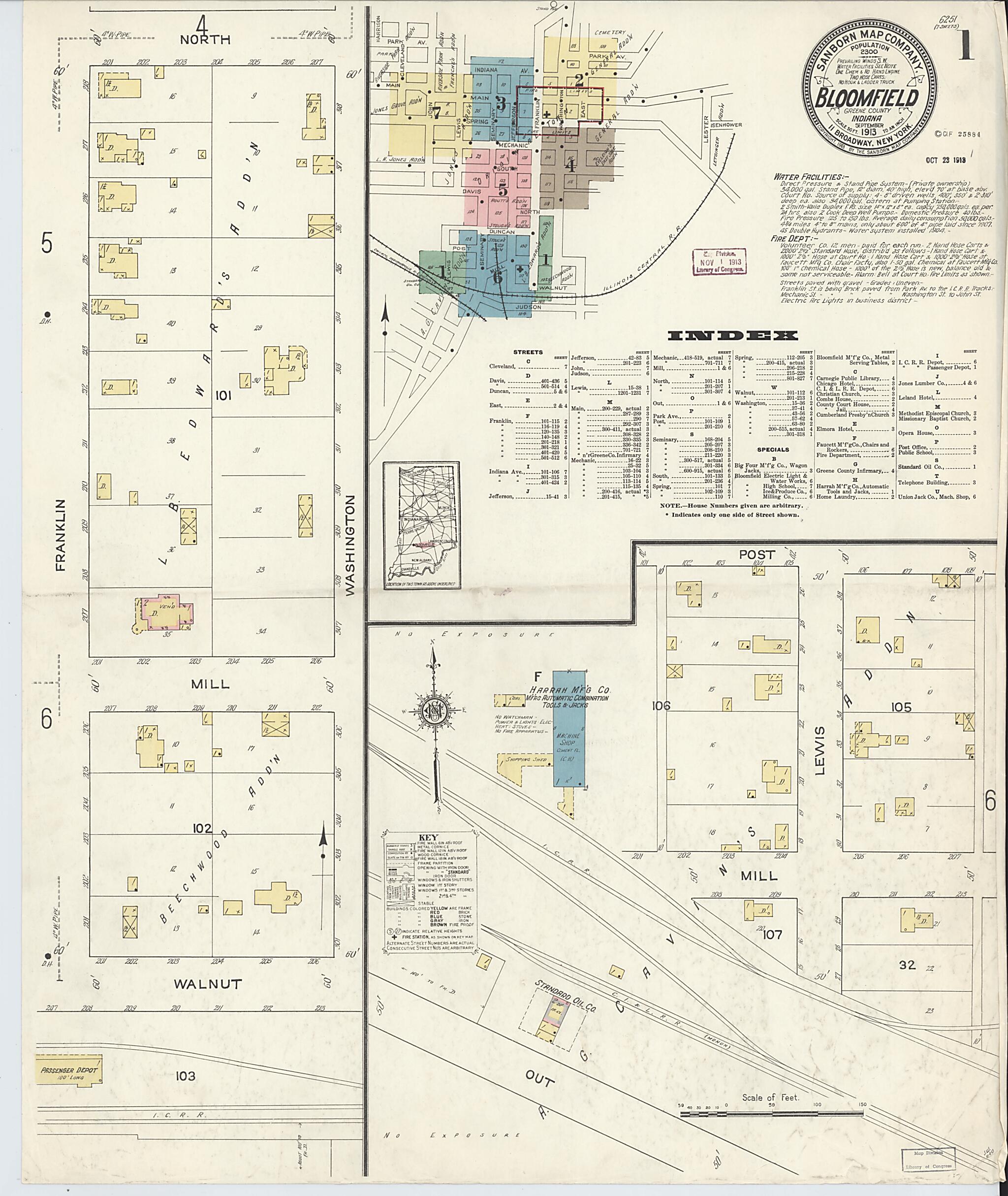 This old map of Bloomfield, Greene County, Indiana was created by Sanborn Map Company in 1913