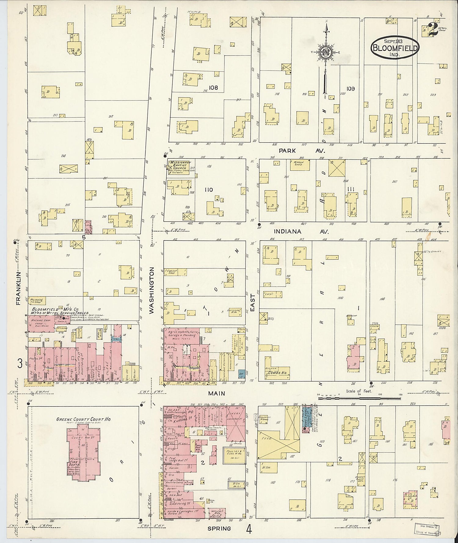 This old map of Bloomfield, Greene County, Indiana was created by Sanborn Map Company in 1913