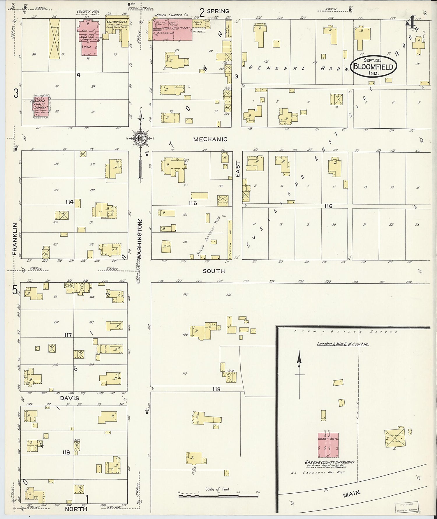 This old map of Bloomfield, Greene County, Indiana was created by Sanborn Map Company in 1913