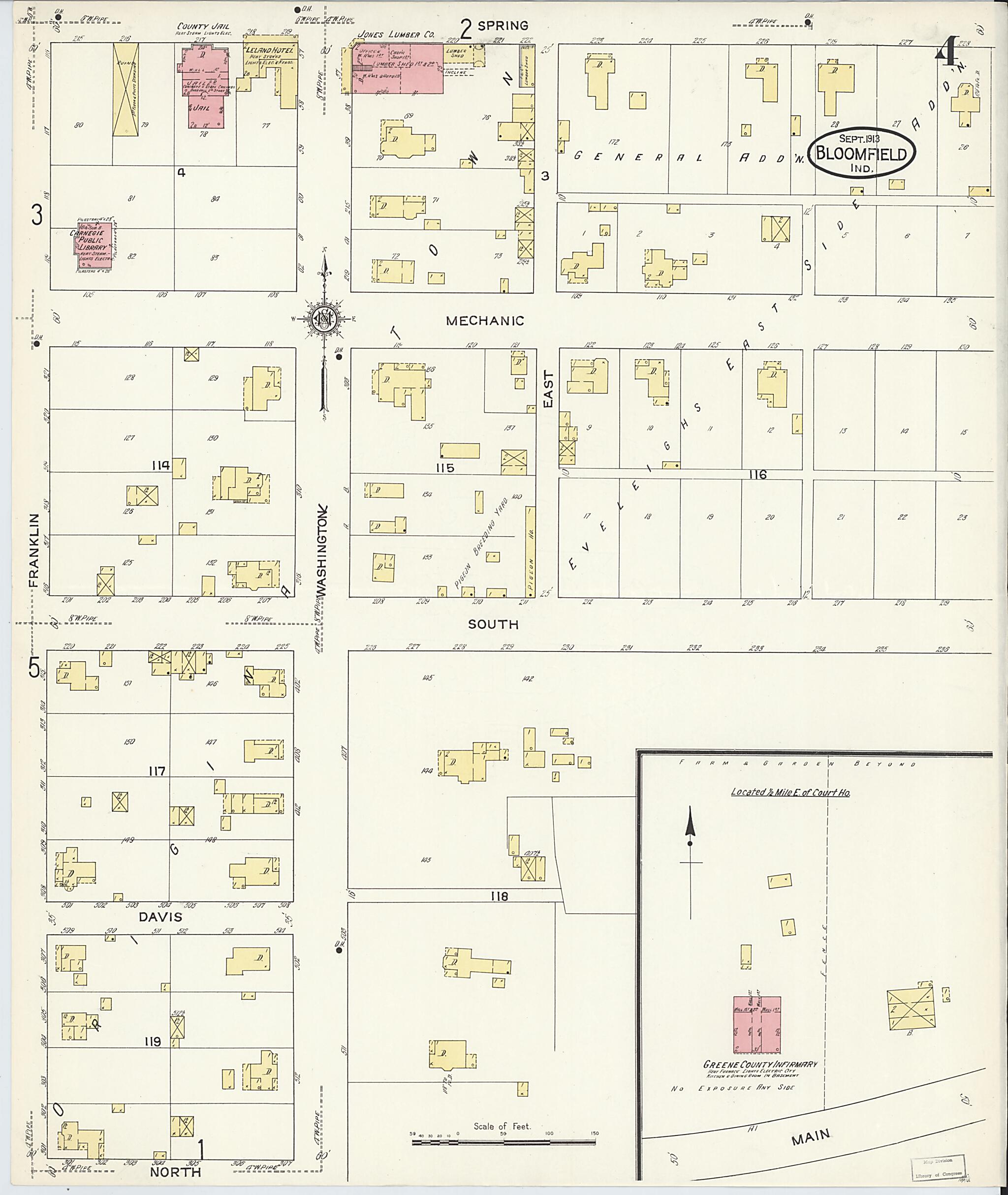 This old map of Bloomfield, Greene County, Indiana was created by Sanborn Map Company in 1913