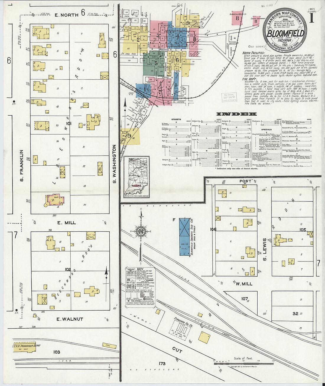 This old map of Bloomfield, Greene County, Indiana was created by Sanborn Map Company in 1921