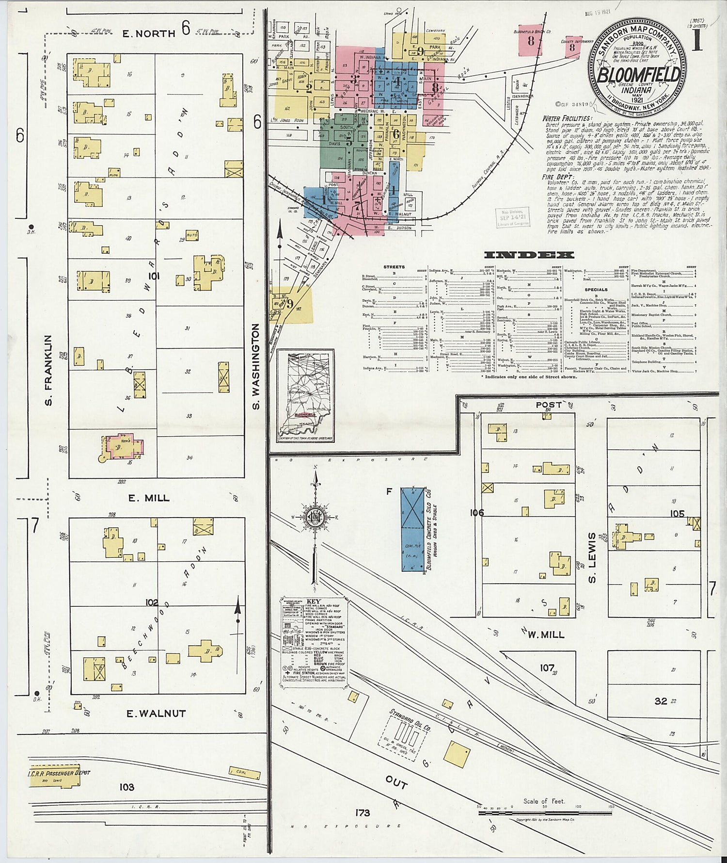 This old map of Bloomfield, Greene County, Indiana was created by Sanborn Map Company in 1921