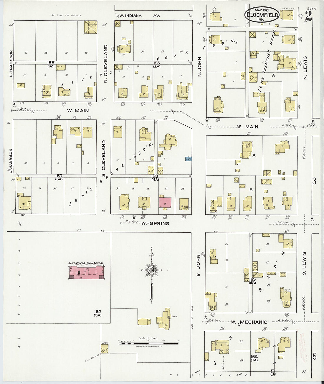 This old map of Bloomfield, Greene County, Indiana was created by Sanborn Map Company in 1921