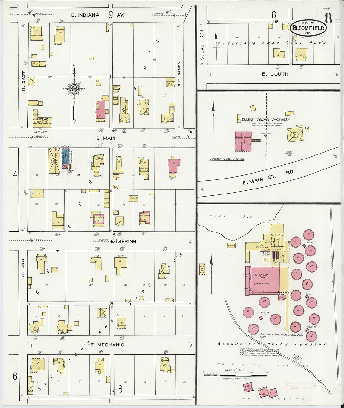 This old map of Bloomfield, Greene County, Indiana was created by Sanborn Map Company in 1921