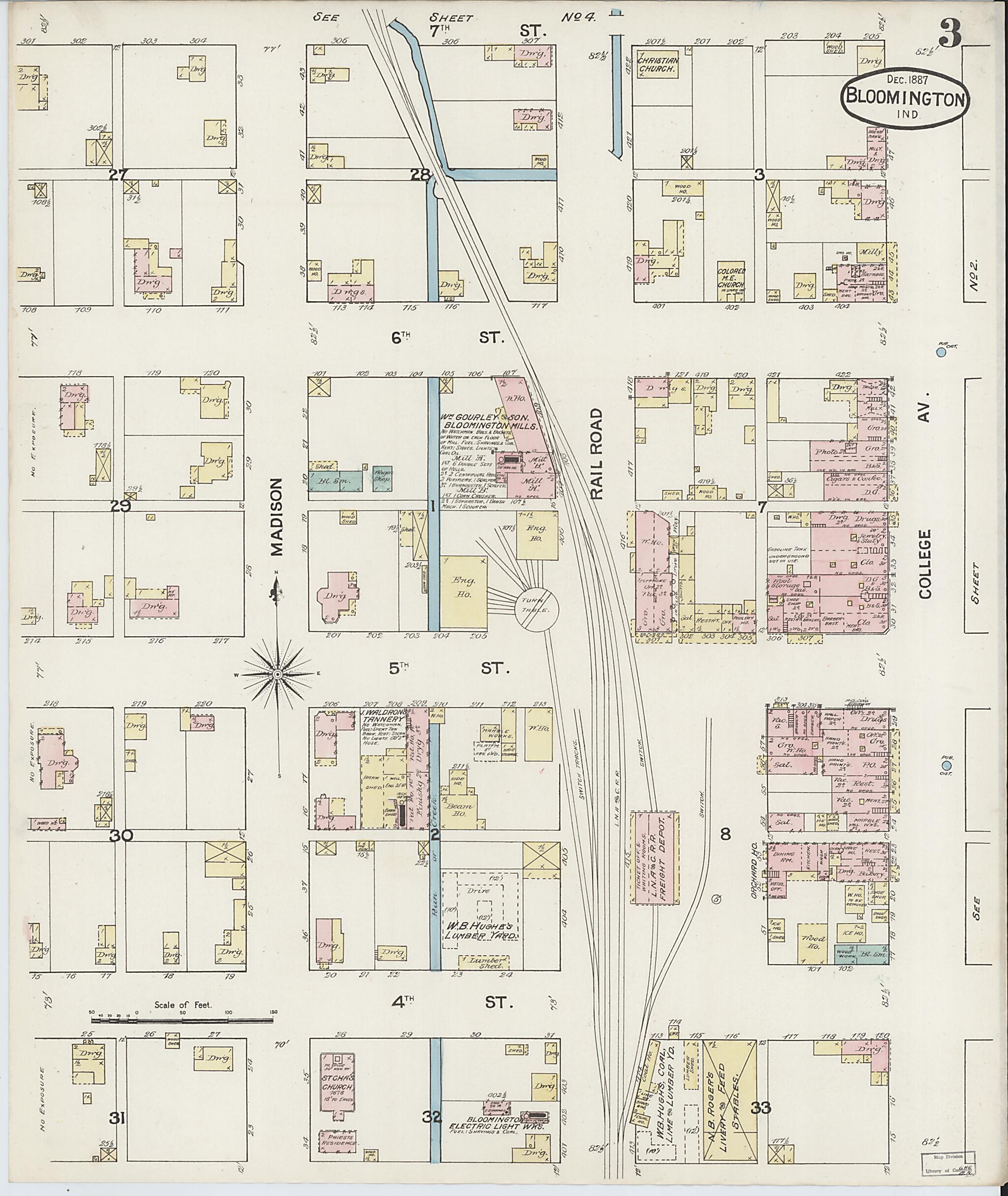 This old map of Bloomington, Monroe County, Indiana was created by Sanborn Map Company in 1887