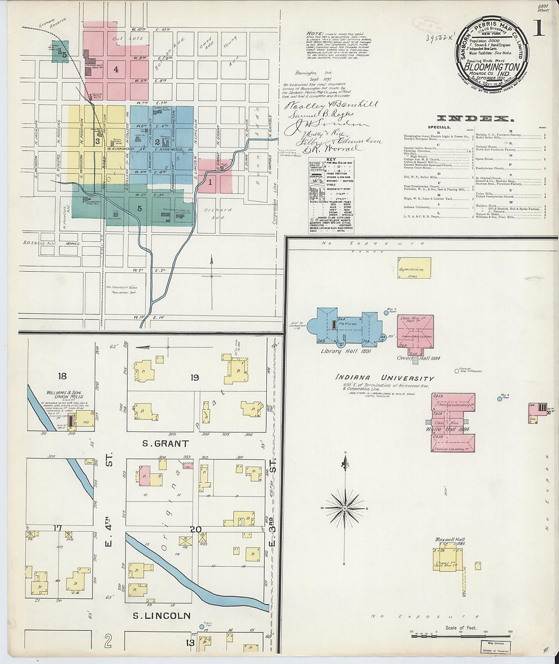 This old map of Bloomington, Monroe County, Indiana was created by Sanborn Map Company in 1892