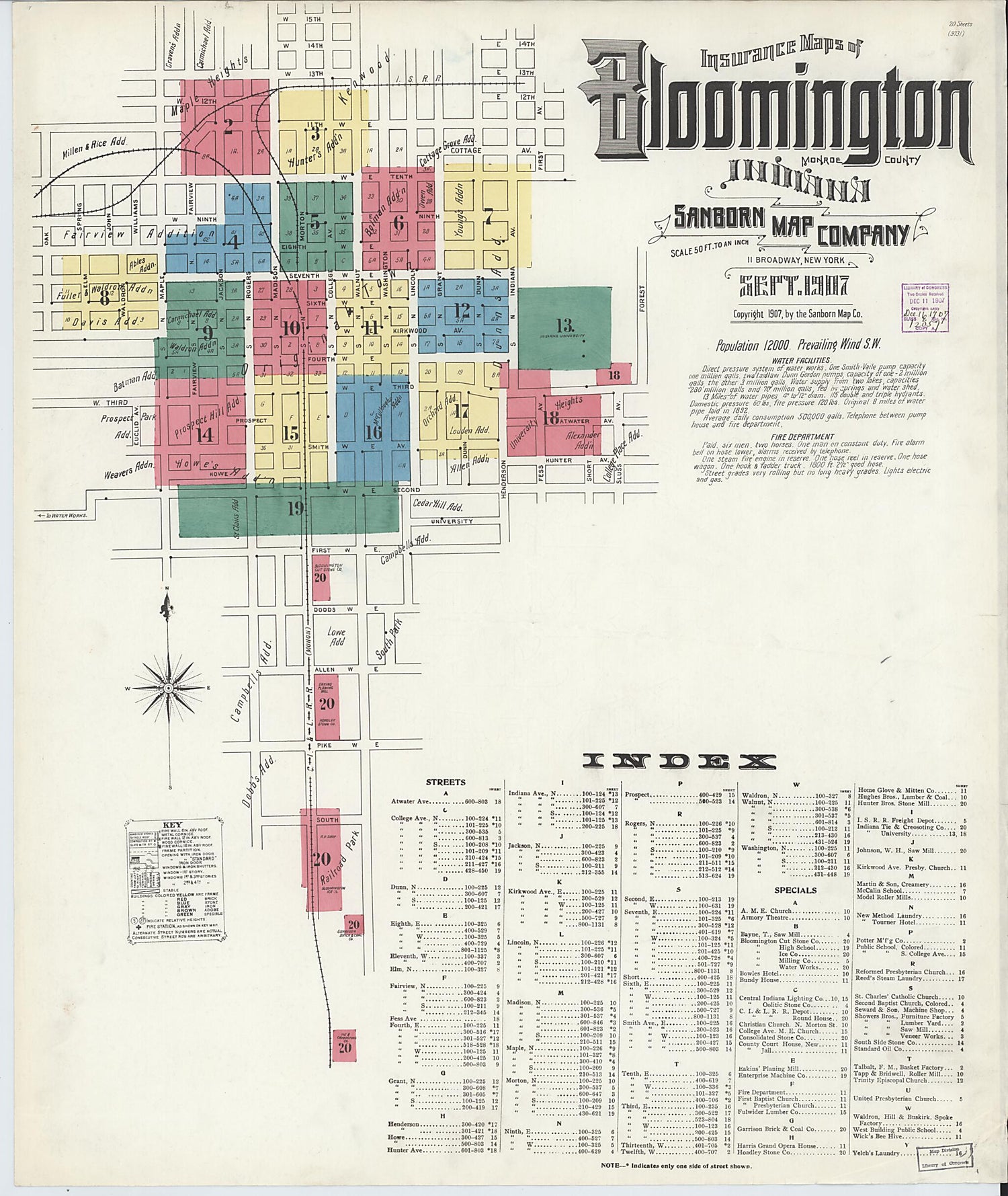 This old map of Bloomington, Monroe County, Indiana was created by Sanborn Map Company in 1907