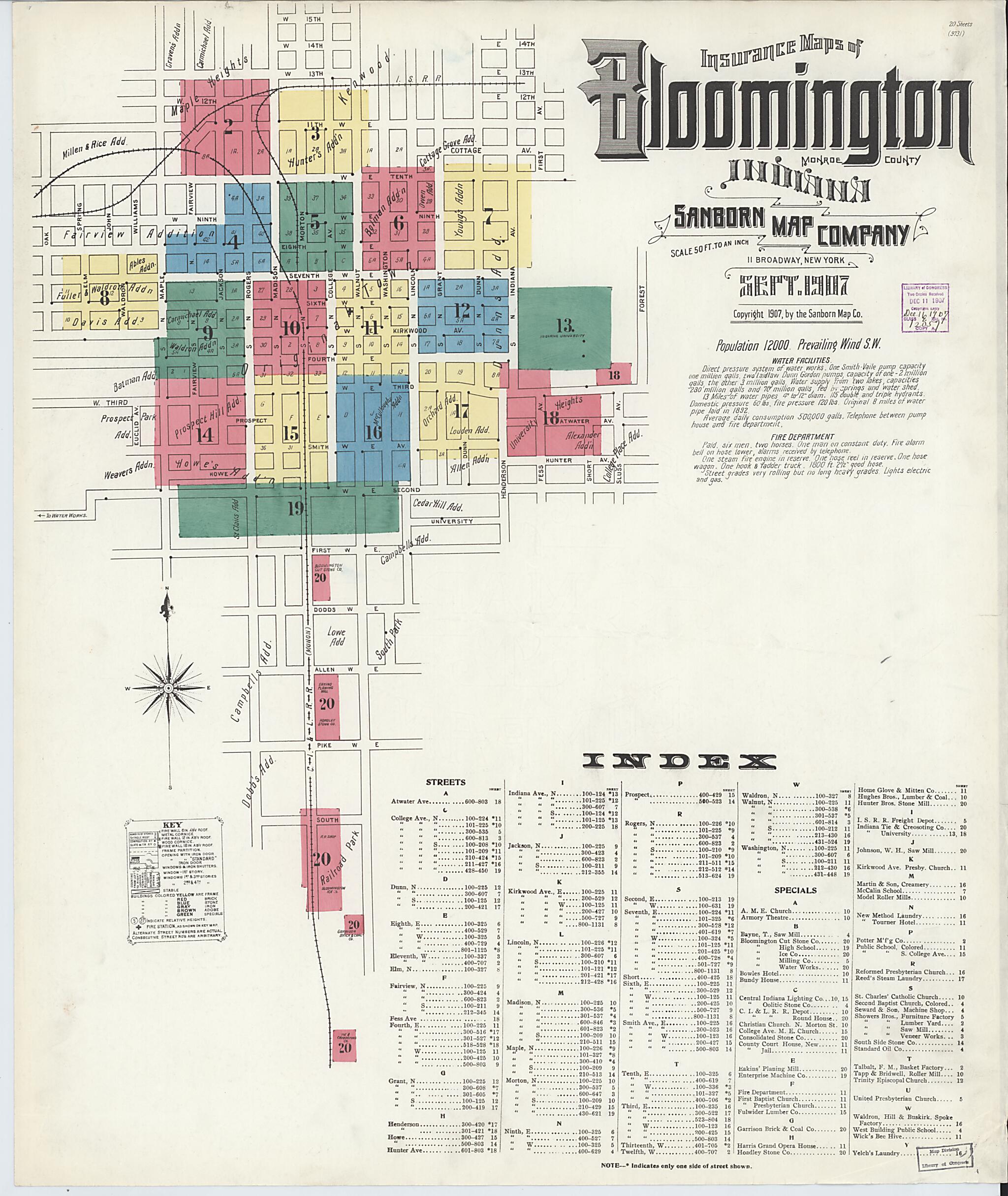 This old map of Bloomington, Monroe County, Indiana was created by Sanborn Map Company in 1907