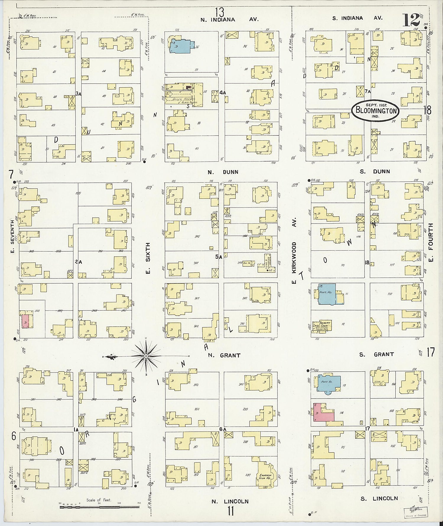 This old map of Bloomington, Monroe County, Indiana was created by Sanborn Map Company in 1907