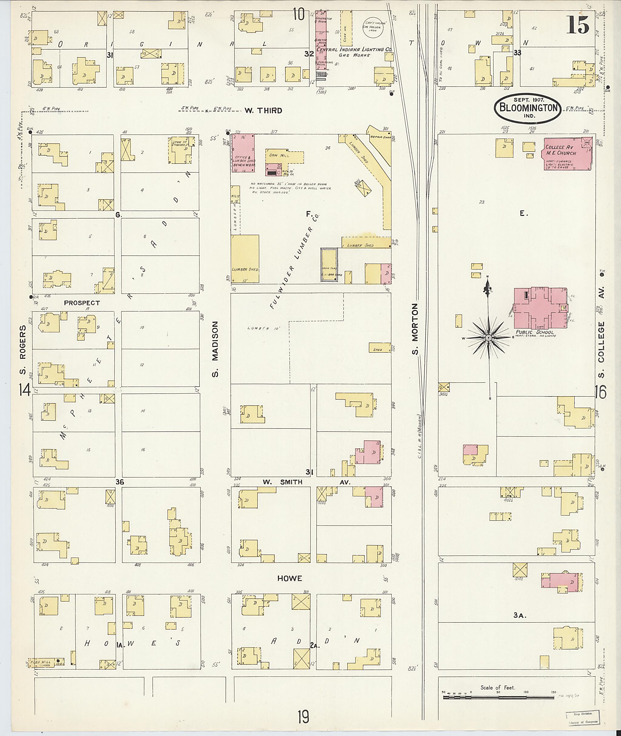 This old map of Bloomington, Monroe County, Indiana was created by Sanborn Map Company in 1907