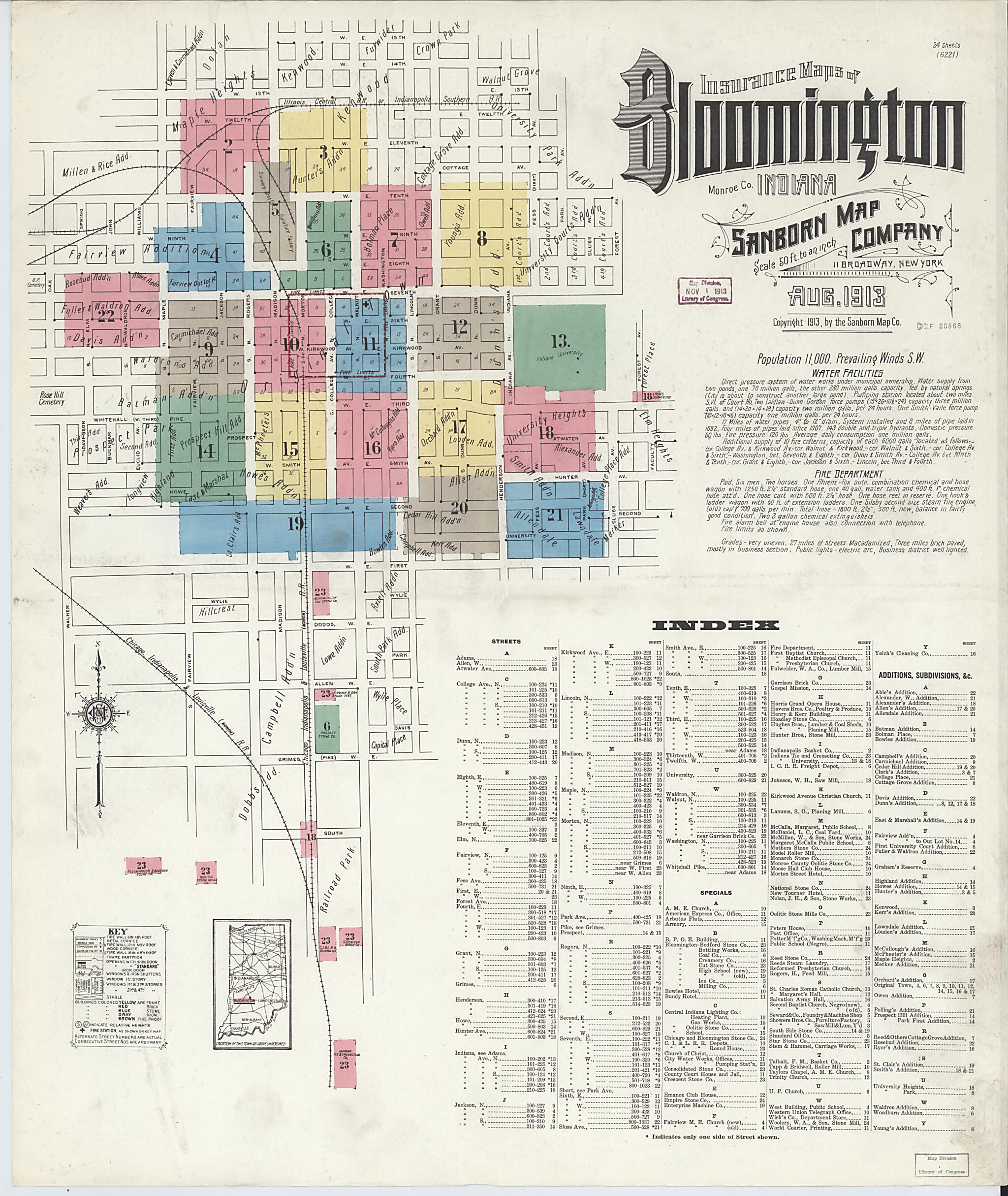 This old map of Bloomington, Monroe County, Indiana was created by Sanborn Map Company in 1913