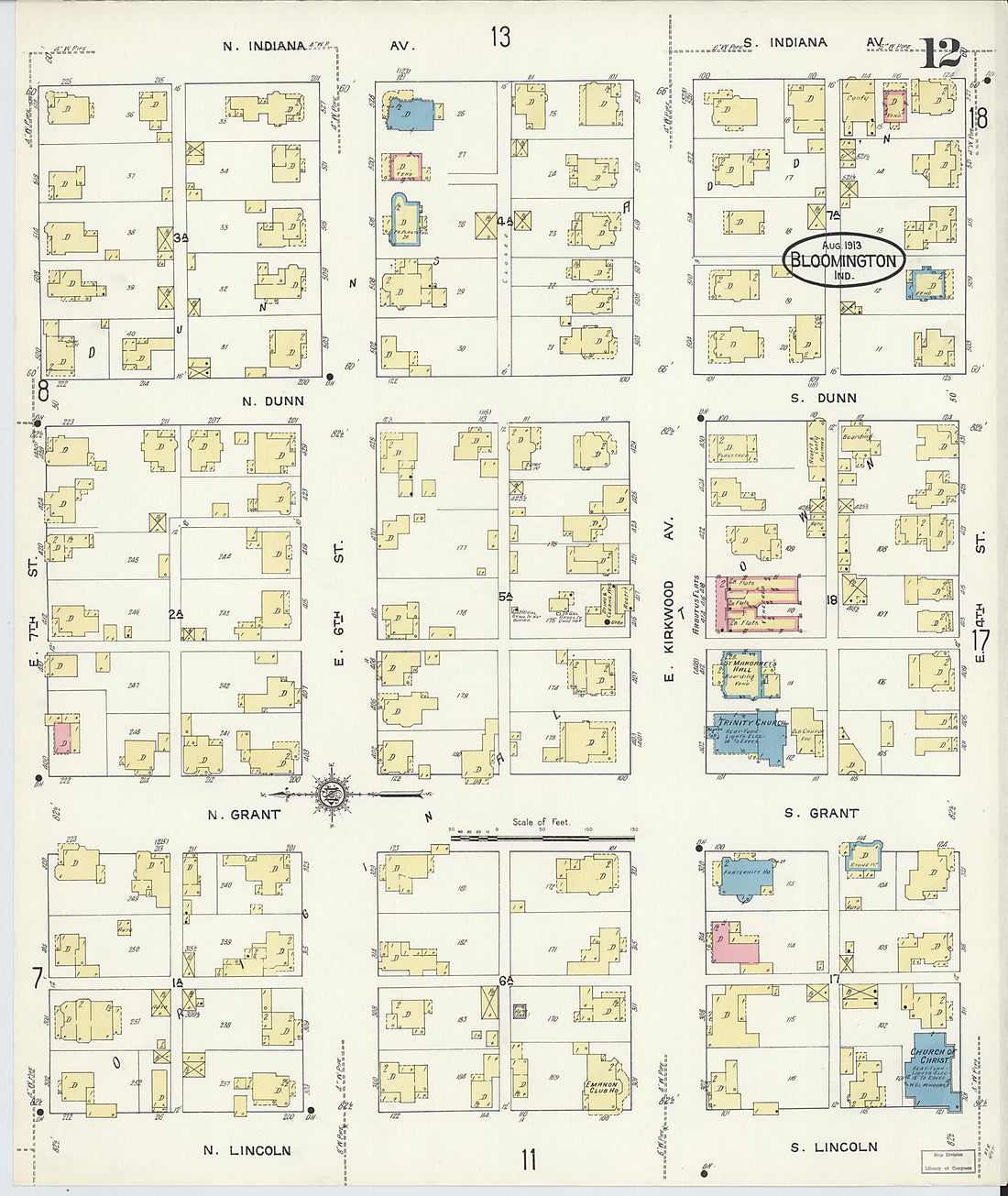 This old map of Bloomington, Monroe County, Indiana was created by Sanborn Map Company in 1913