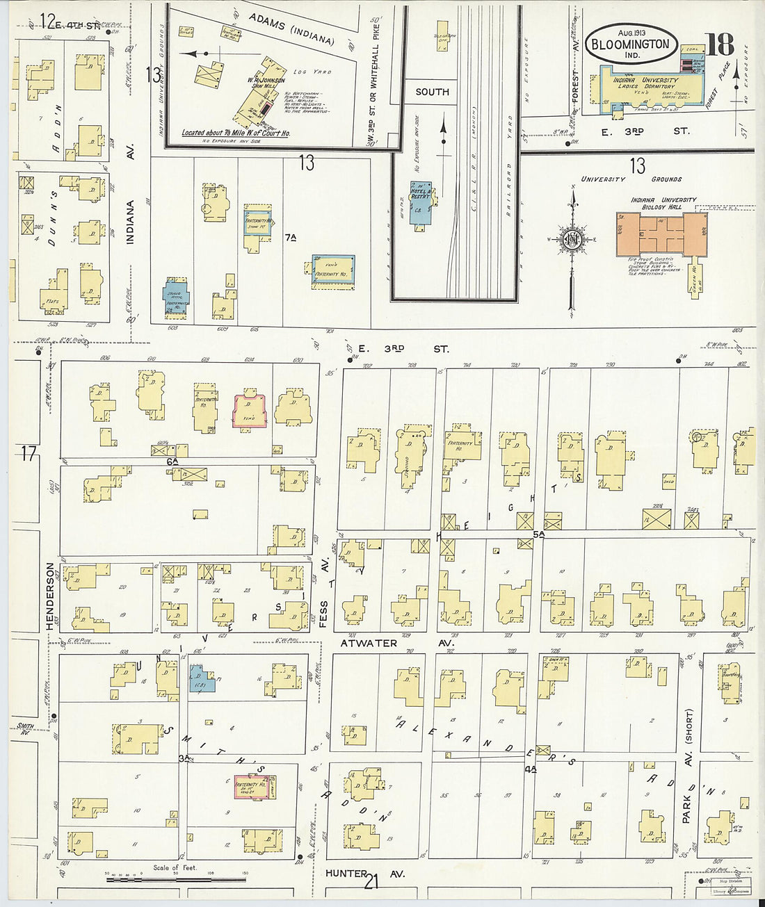 This old map of Bloomington, Monroe County, Indiana was created by Sanborn Map Company in 1913