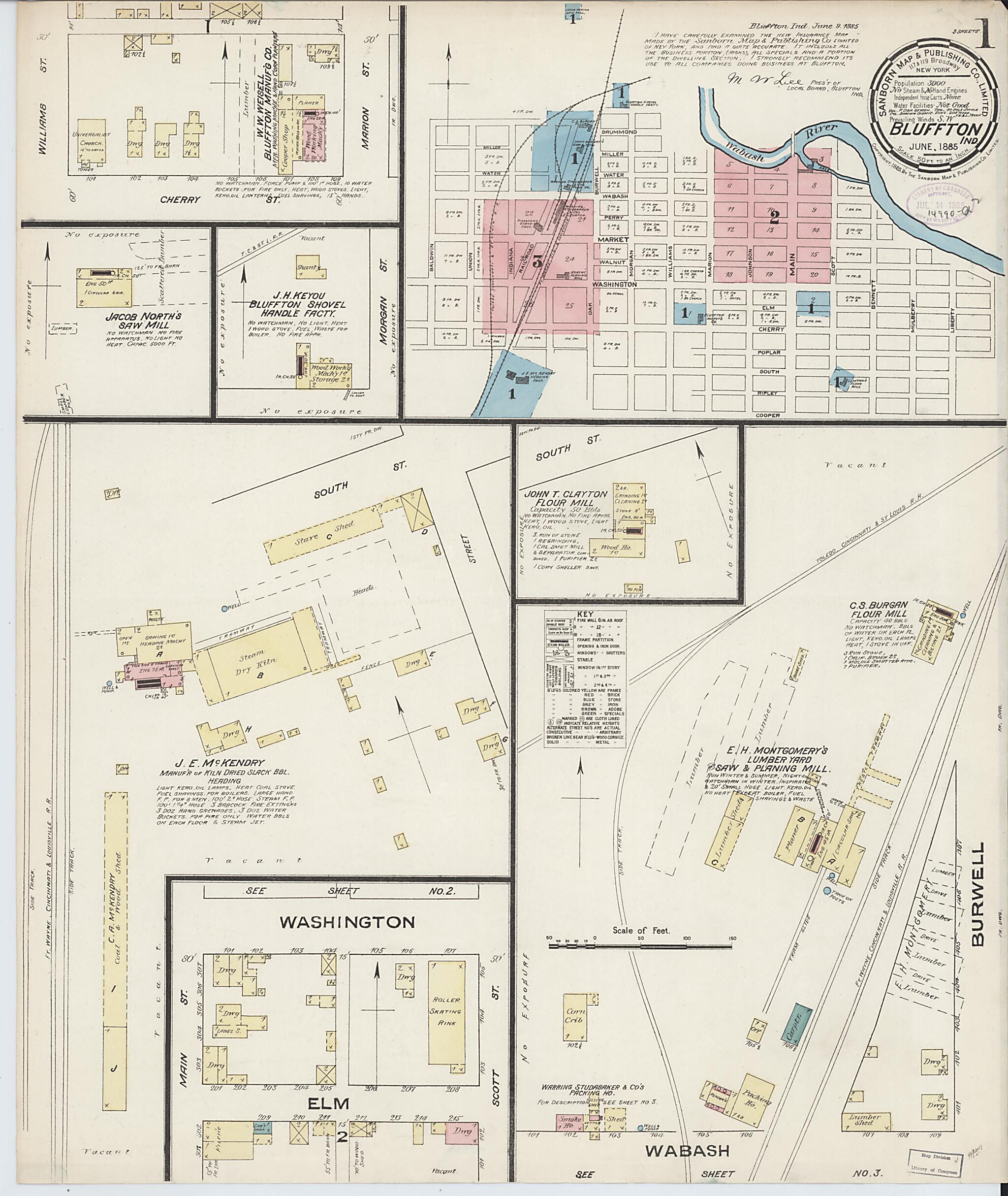 This old map of Bluffton, Wells County, Indiana was created by Sanborn Map Company in 1885