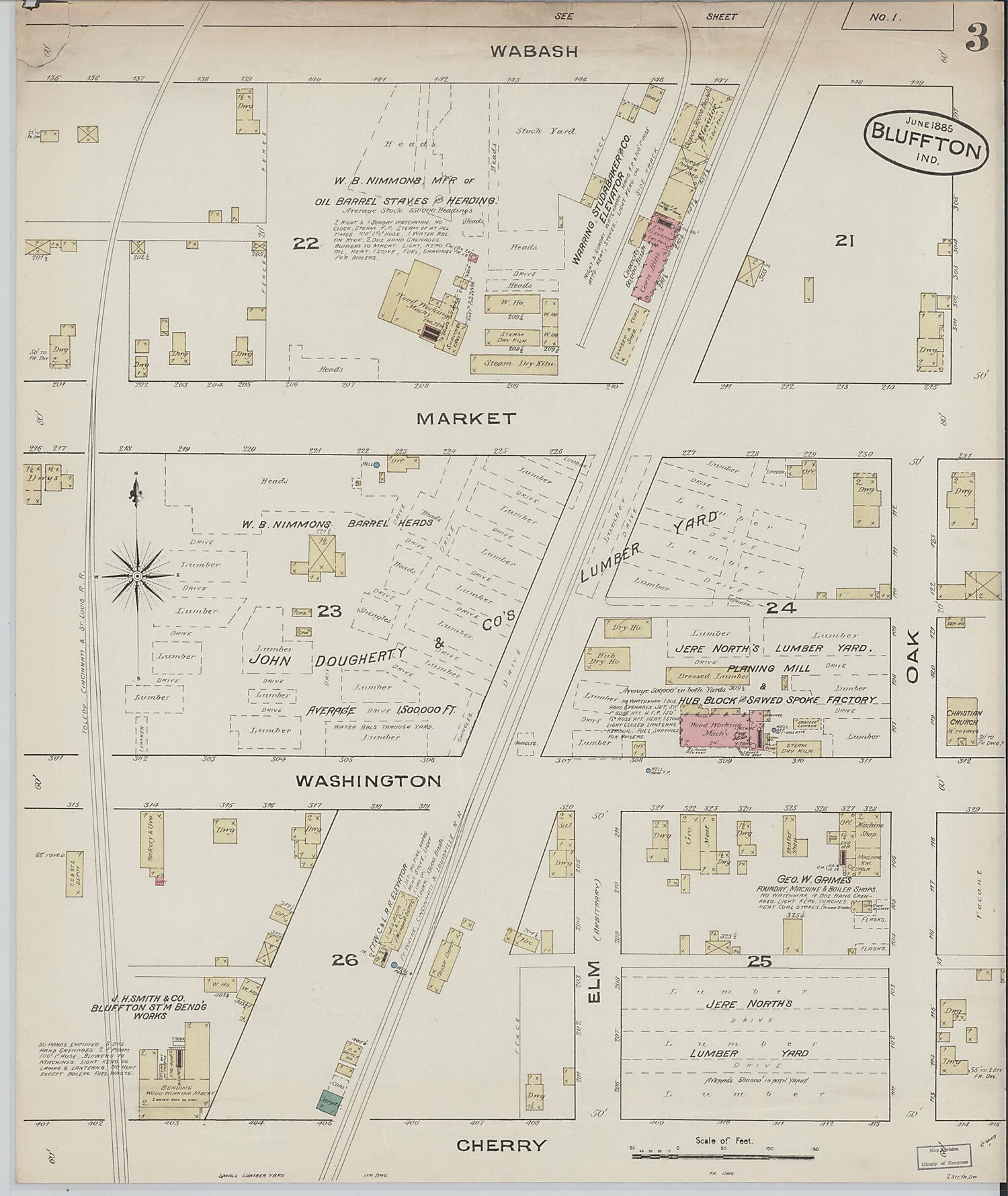 This old map of Bluffton, Wells County, Indiana was created by Sanborn Map Company in 1885