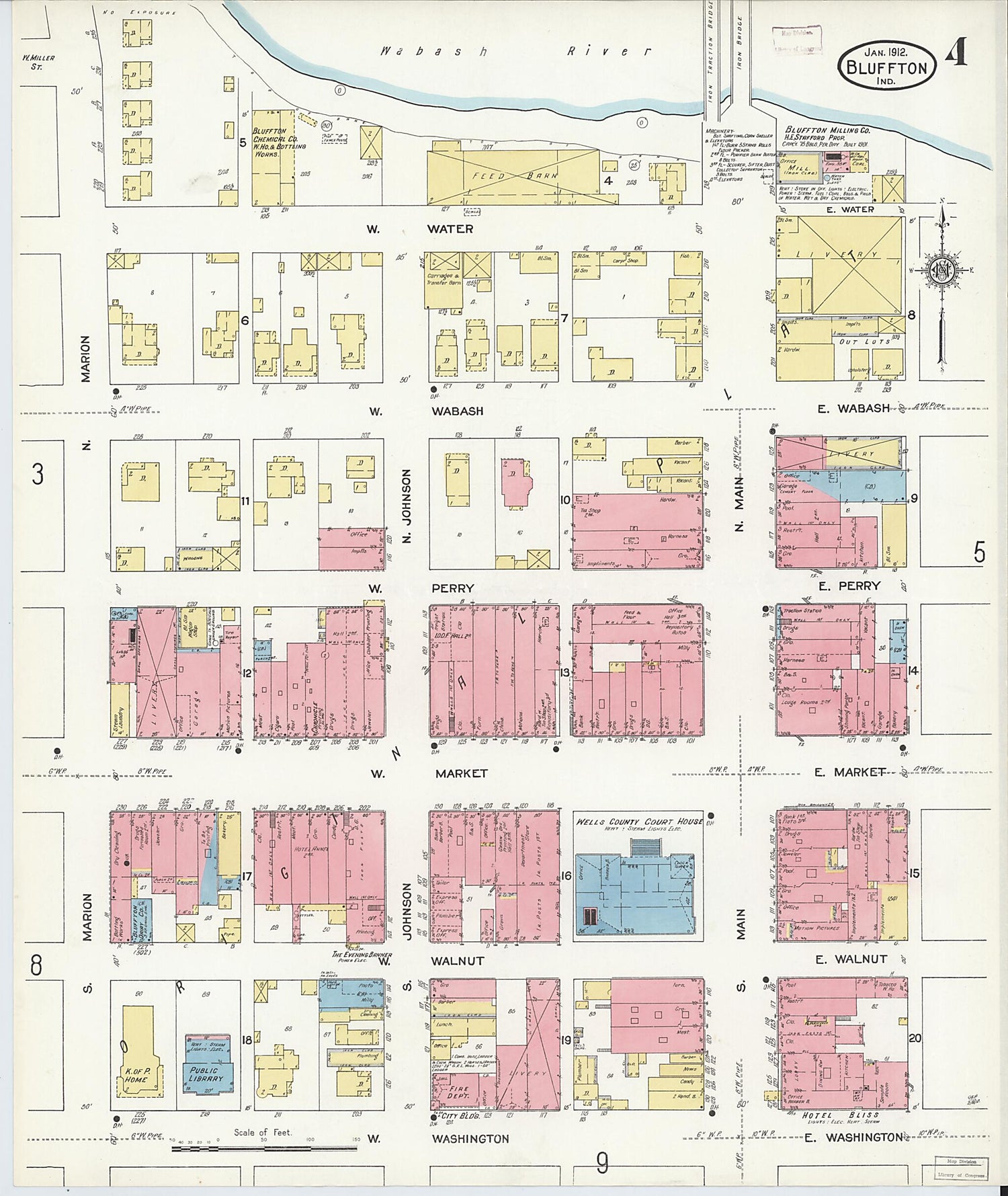 This old map of Bluffton, Wells County, Indiana was created by Sanborn Map Company in 1912