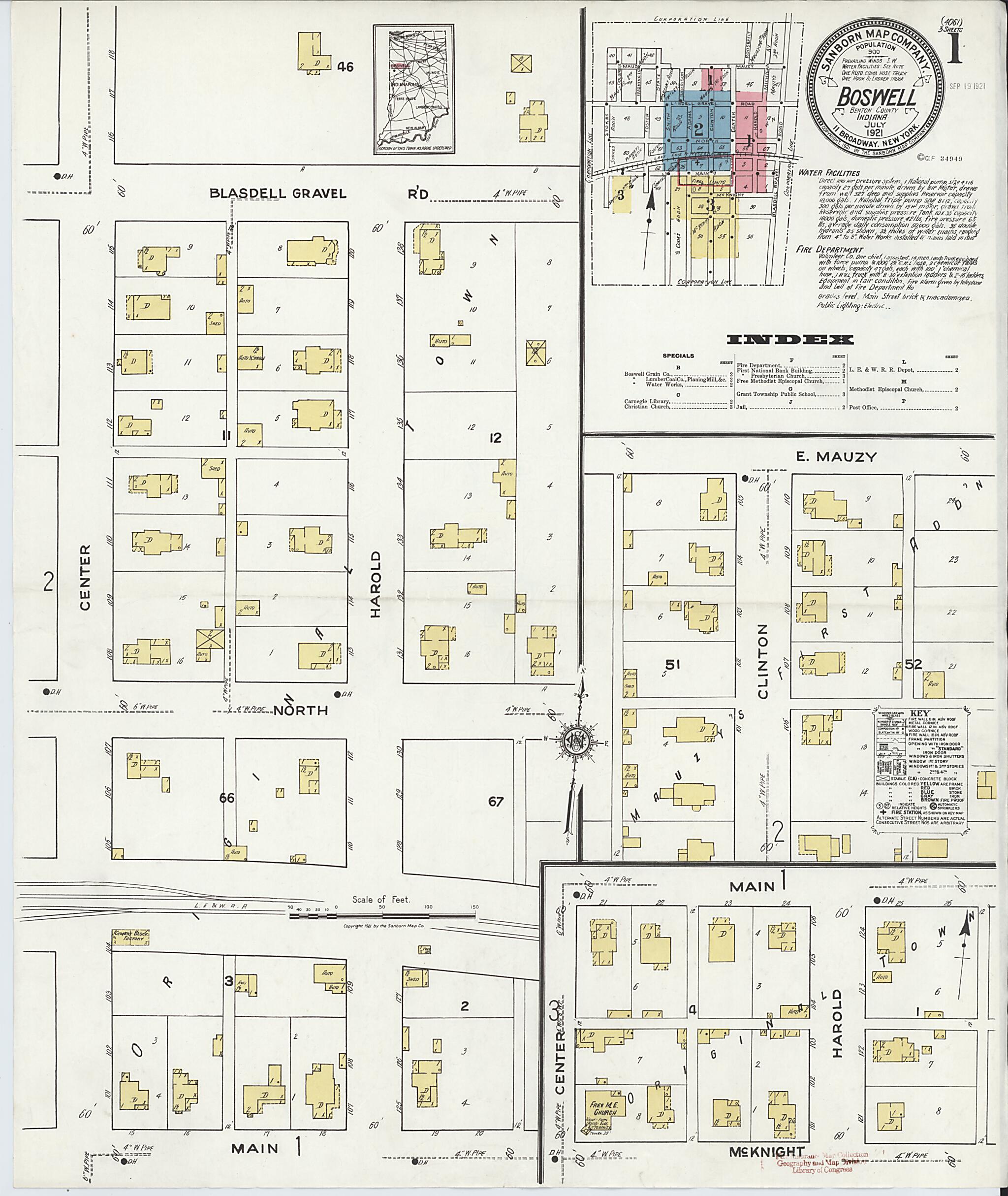 This old map of Boswell, Benton County, Indiana was created by Sanborn Map Company in 1921