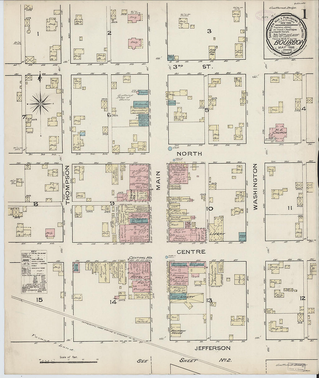 This old map of Bourbon, Marshall County, Indiana was created by Sanborn Map Company in 1886