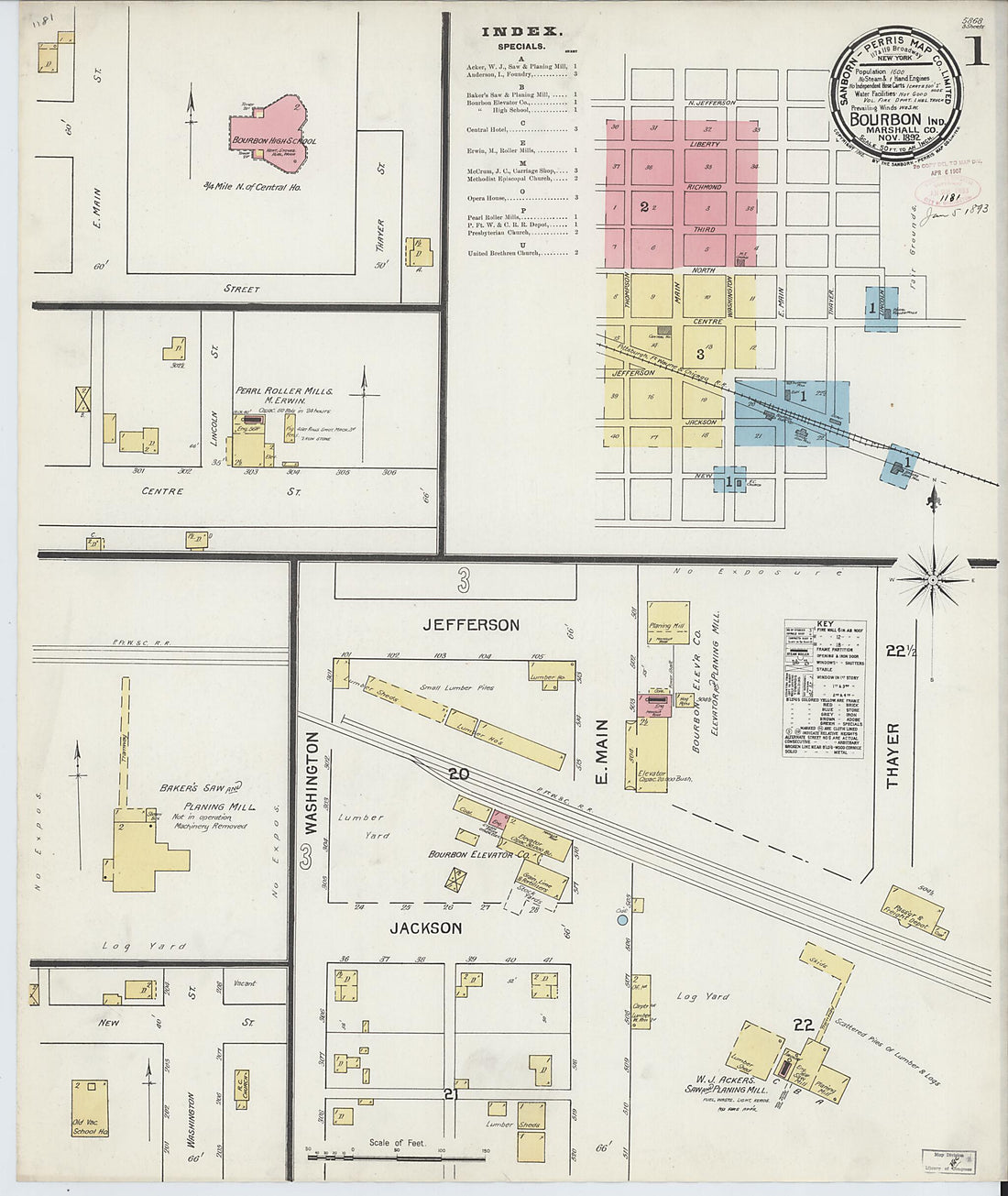 This old map of Bourbon, Marshall County, Indiana was created by Sanborn Map Company in 1892