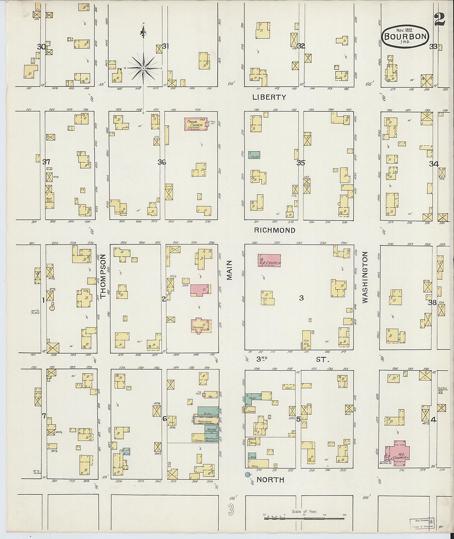 This old map of Bourbon, Marshall County, Indiana was created by Sanborn Map Company in 1892