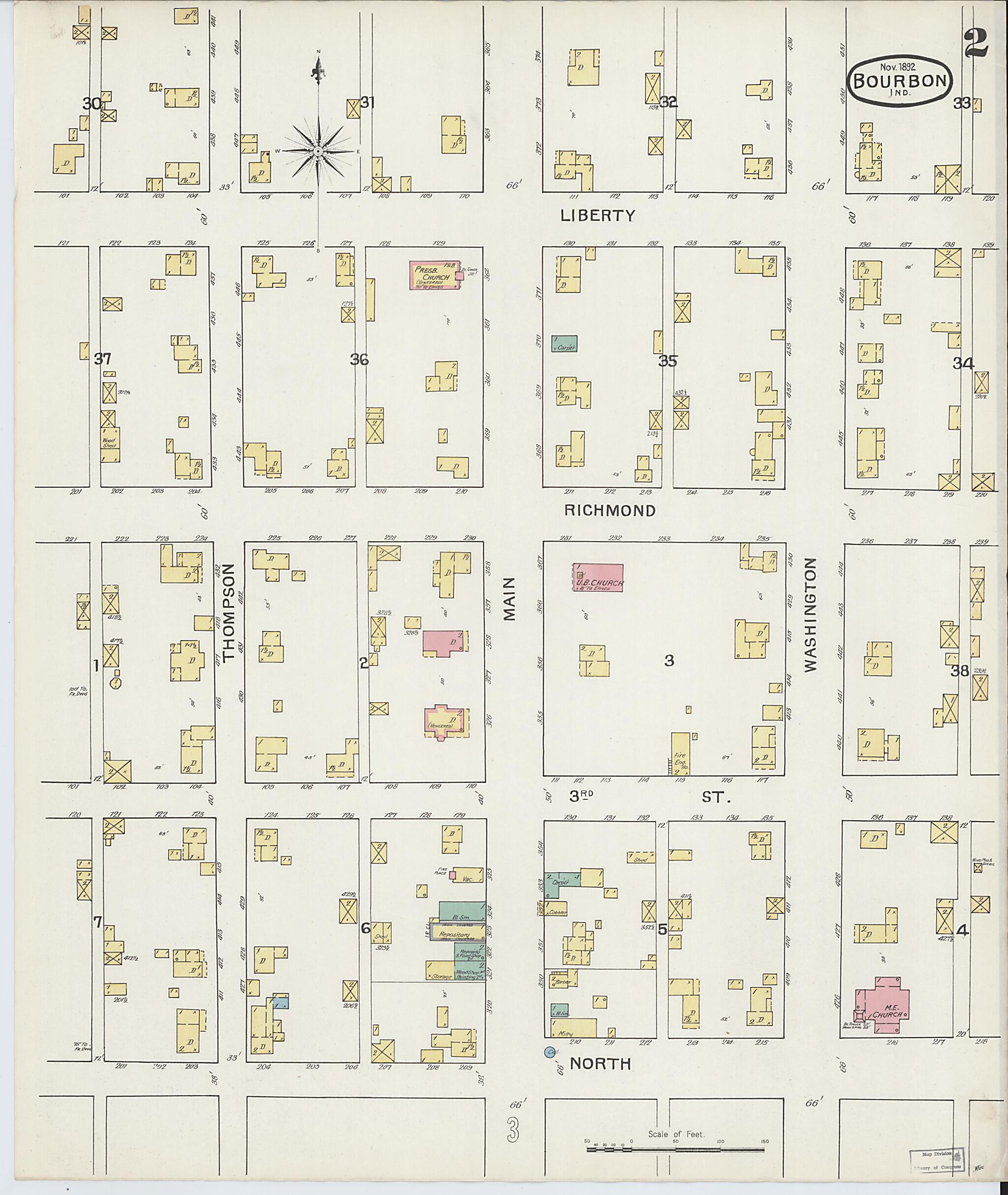 This old map of Bourbon, Marshall County, Indiana was created by Sanborn Map Company in 1892