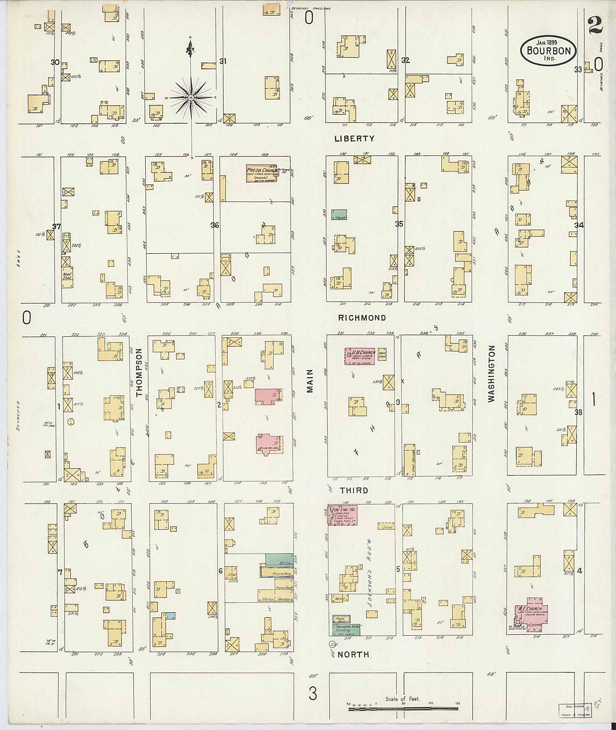 This old map of Bourbon, Marshall County, Indiana was created by Sanborn Map Company in 1899