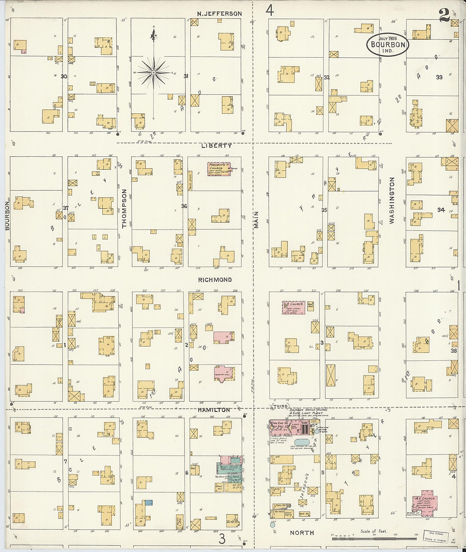 This old map of Bourbon, Marshall County, Indiana was created by Sanborn Map Company in 1905