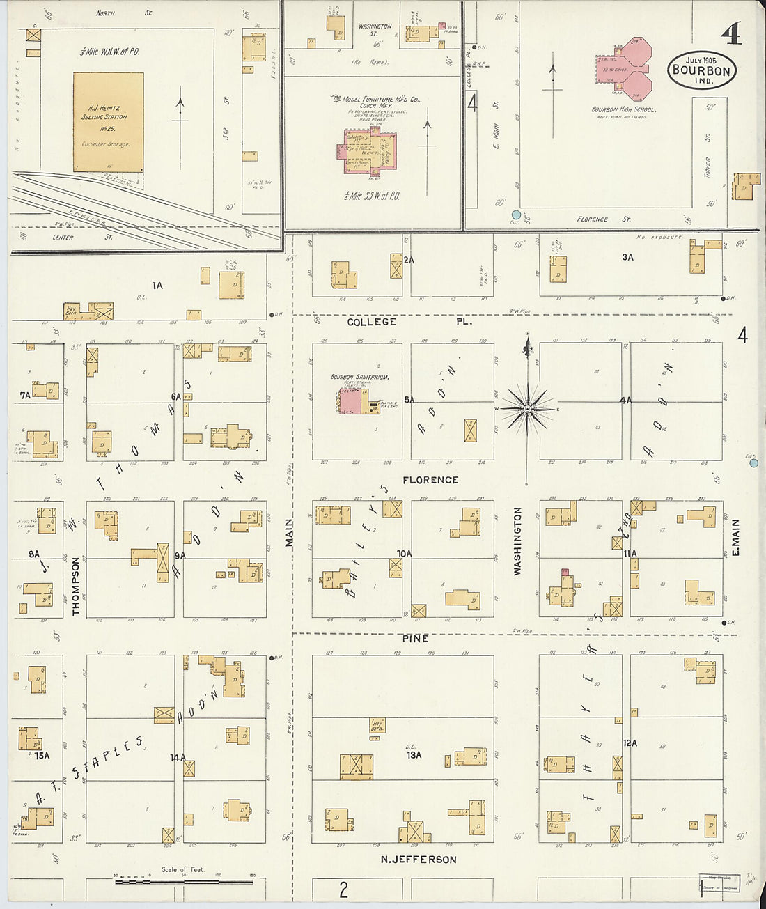 This old map of Bourbon, Marshall County, Indiana was created by Sanborn Map Company in 1905