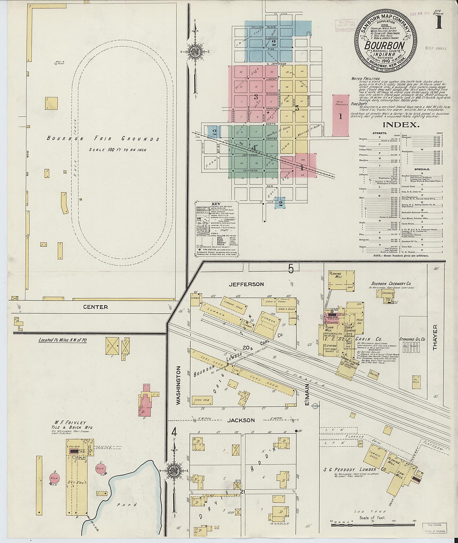 This old map of Bourbon, Marshall County, Indiana was created by Sanborn Map Company in 1910