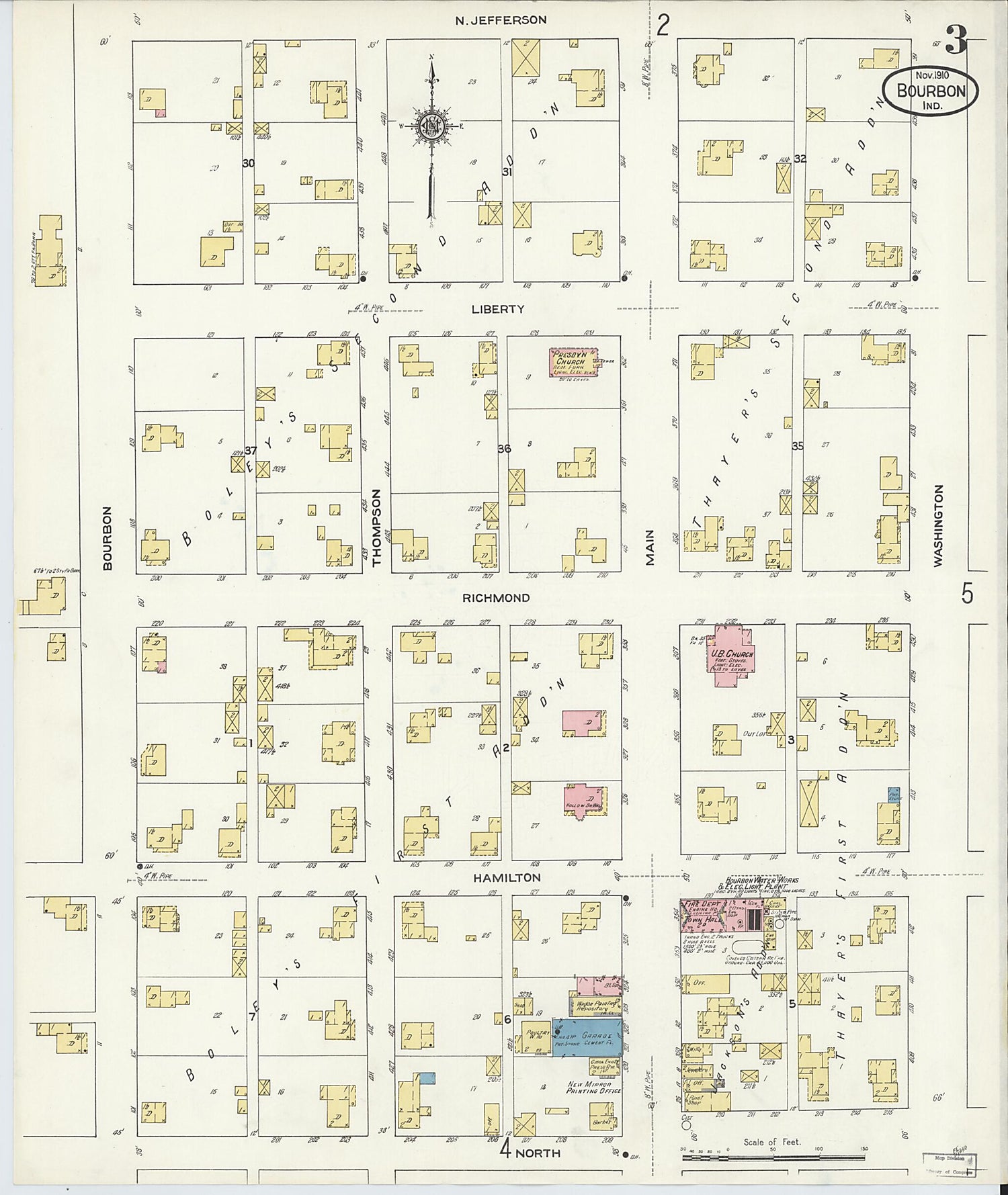 This old map of Bourbon, Marshall County, Indiana was created by Sanborn Map Company in 1910