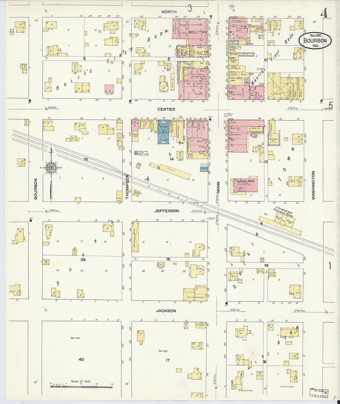 This old map of Bourbon, Marshall County, Indiana was created by Sanborn Map Company in 1910