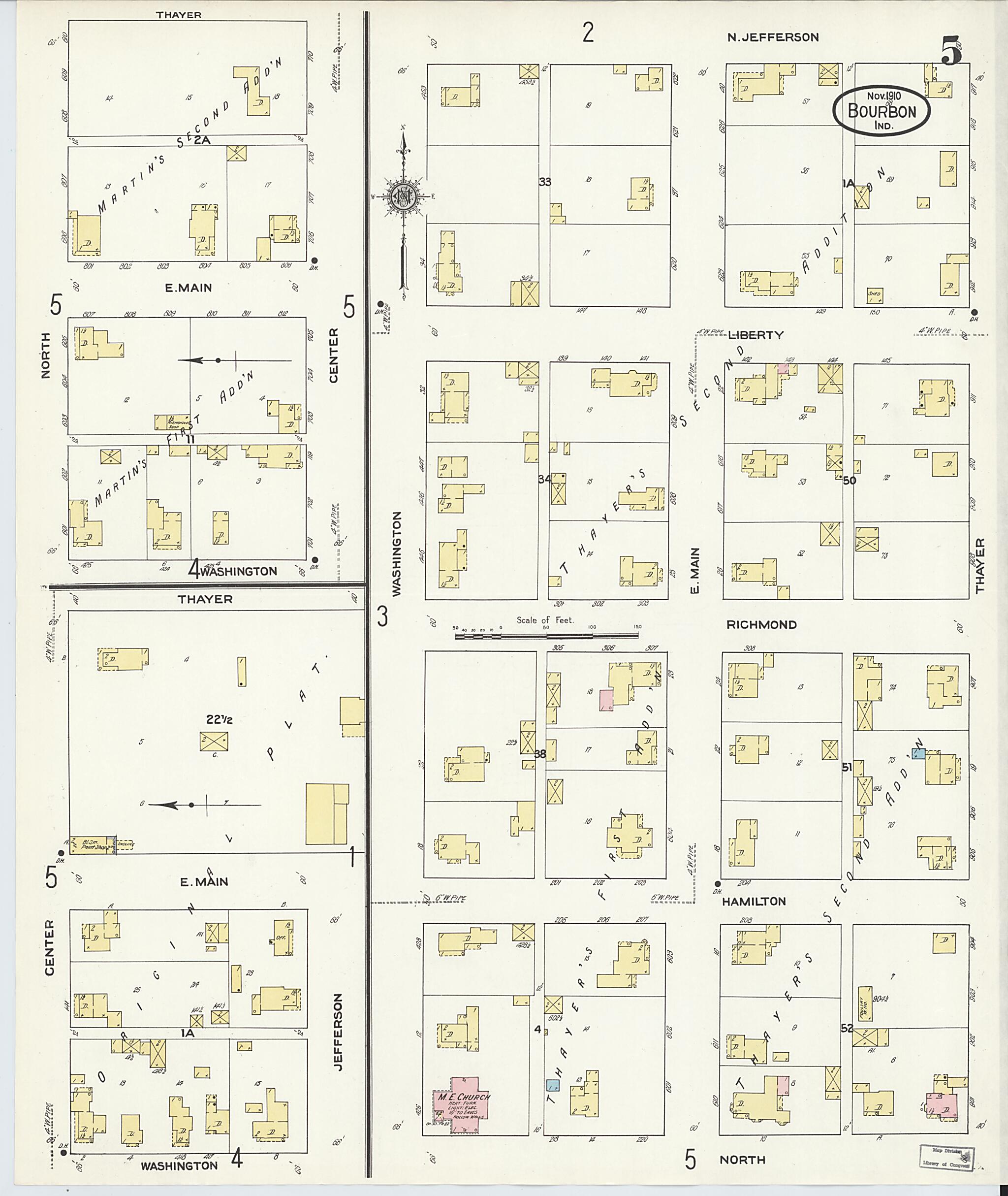 This old map of Bourbon, Marshall County, Indiana was created by Sanborn Map Company in 1910