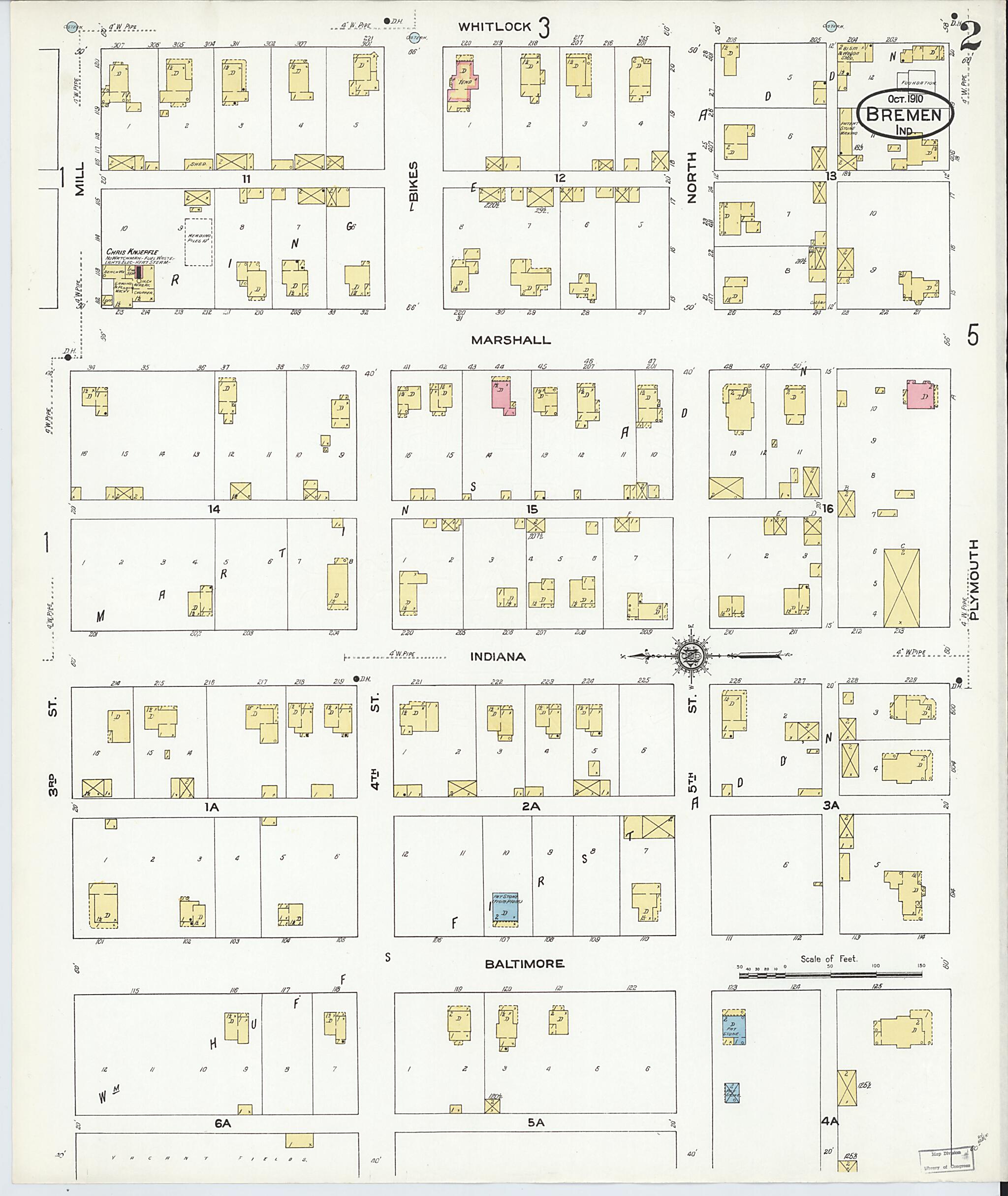 This old map of Bremen, Marshall County, Indiana was created by Sanborn Map Company in 1910