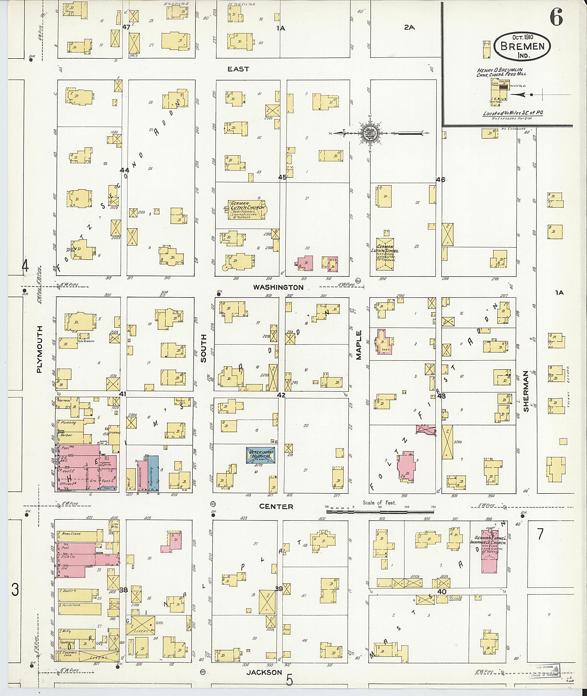 This old map of Bremen, Marshall County, Indiana was created by Sanborn Map Company in 1910