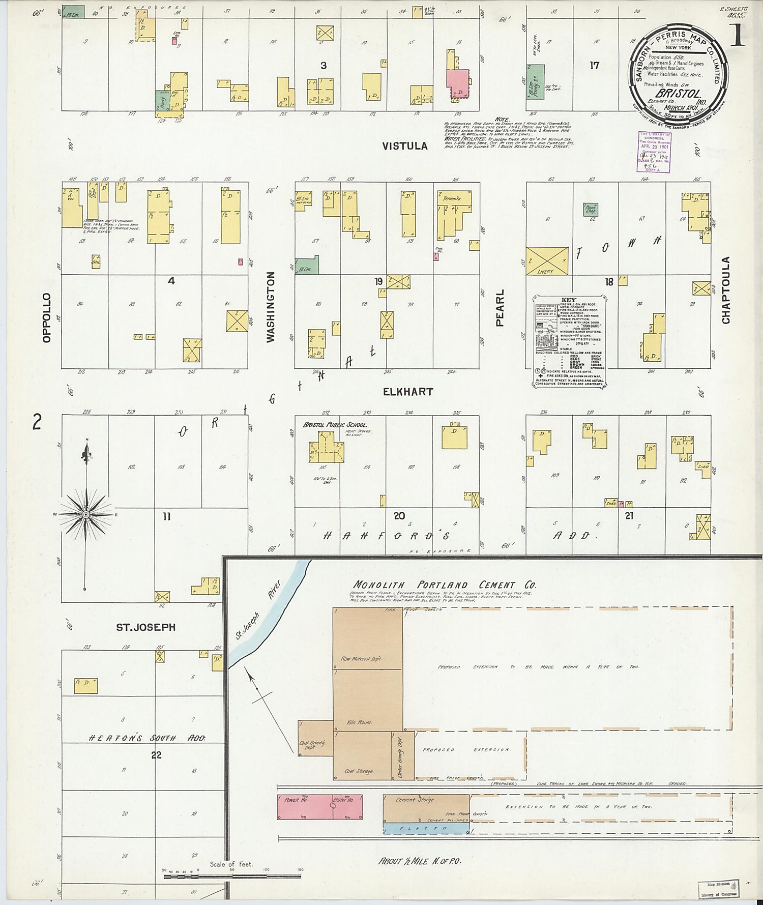 This old map of Bristol, Elkhart County, Indiana was created by Sanborn Map Company in 1901