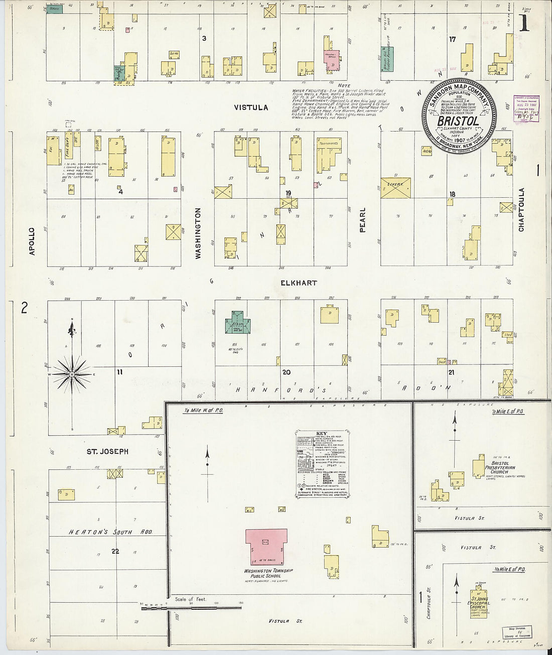 This old map of Bristol, Elkhart County, Indiana was created by Sanborn Map Company in 1907