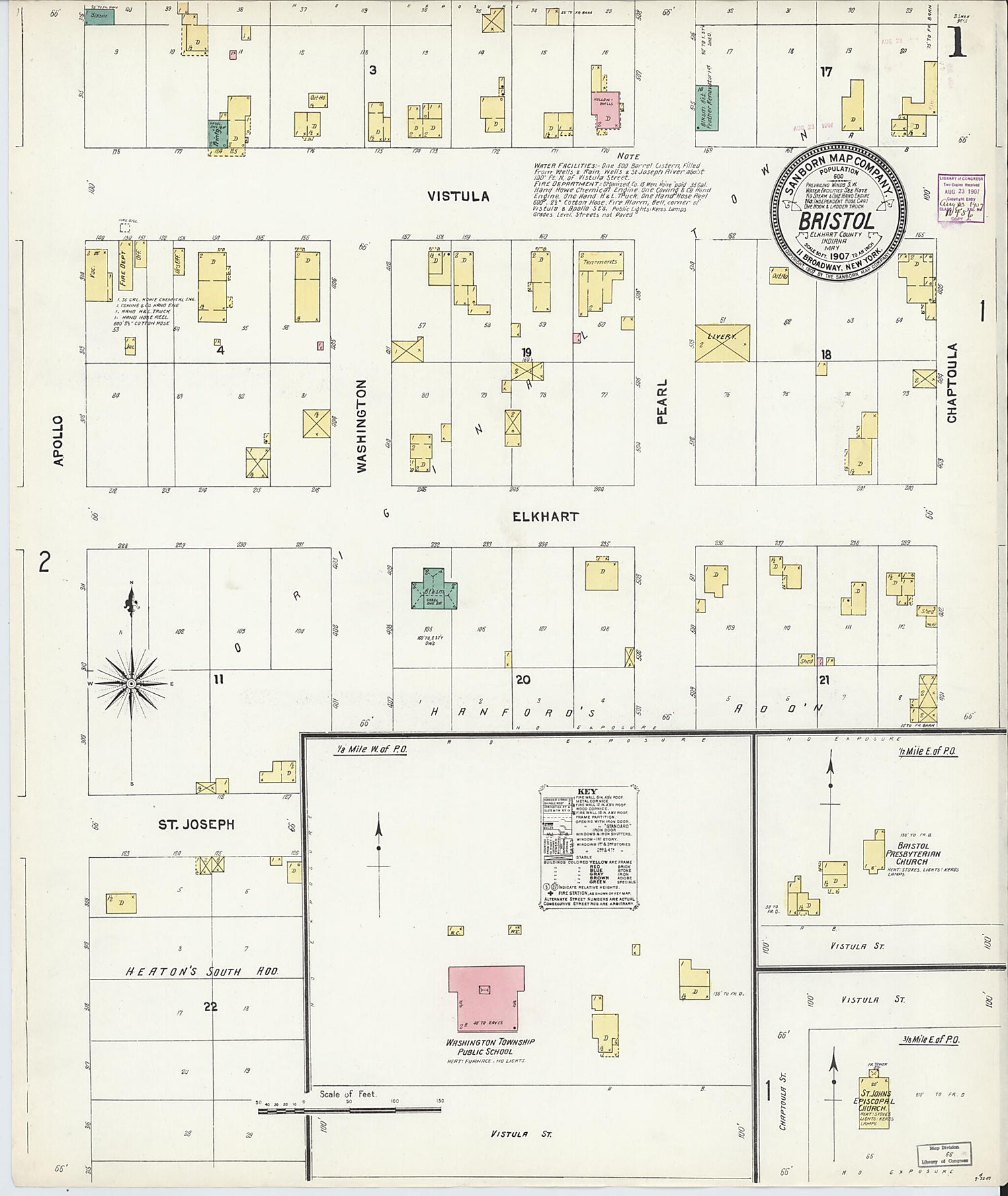 This old map of Bristol, Elkhart County, Indiana was created by Sanborn Map Company in 1907